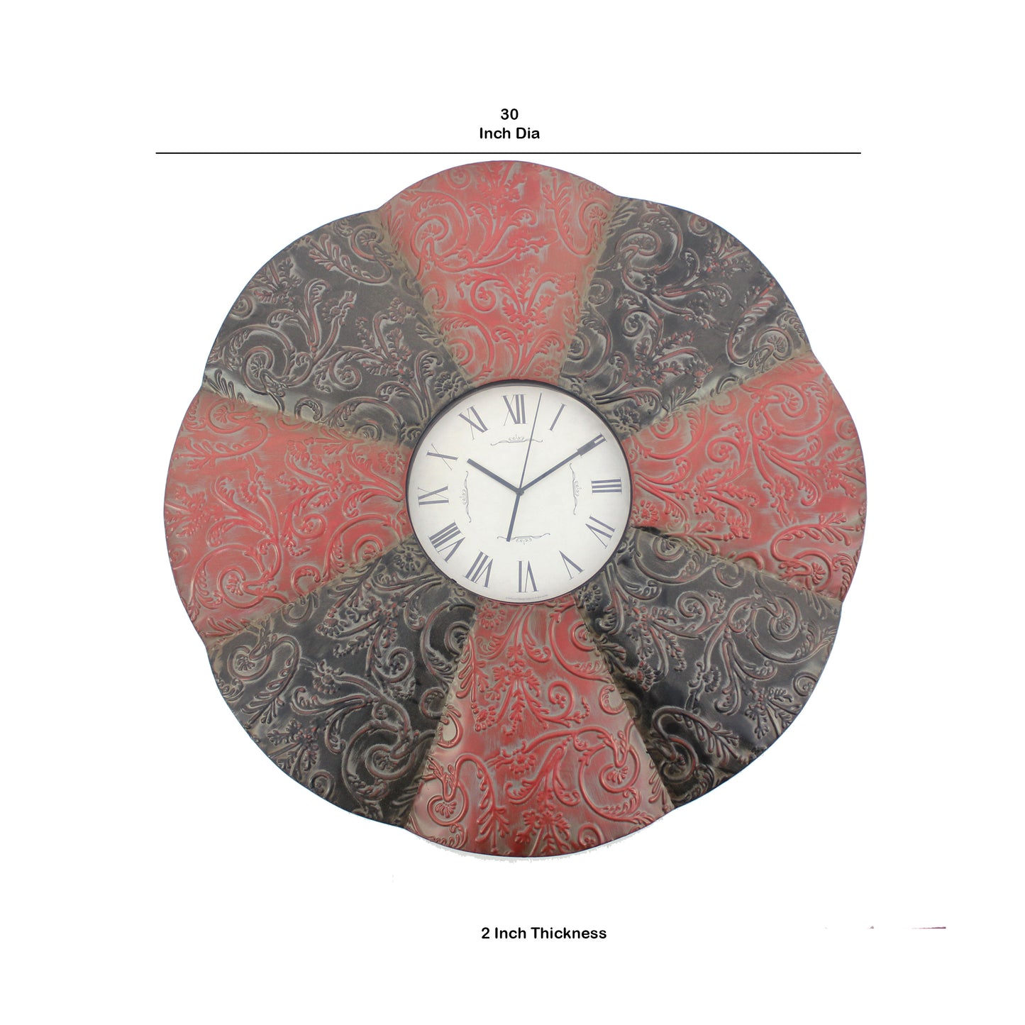 Blooming Flower Design Metal Wall Clock With Scroll Motifs Red And Black