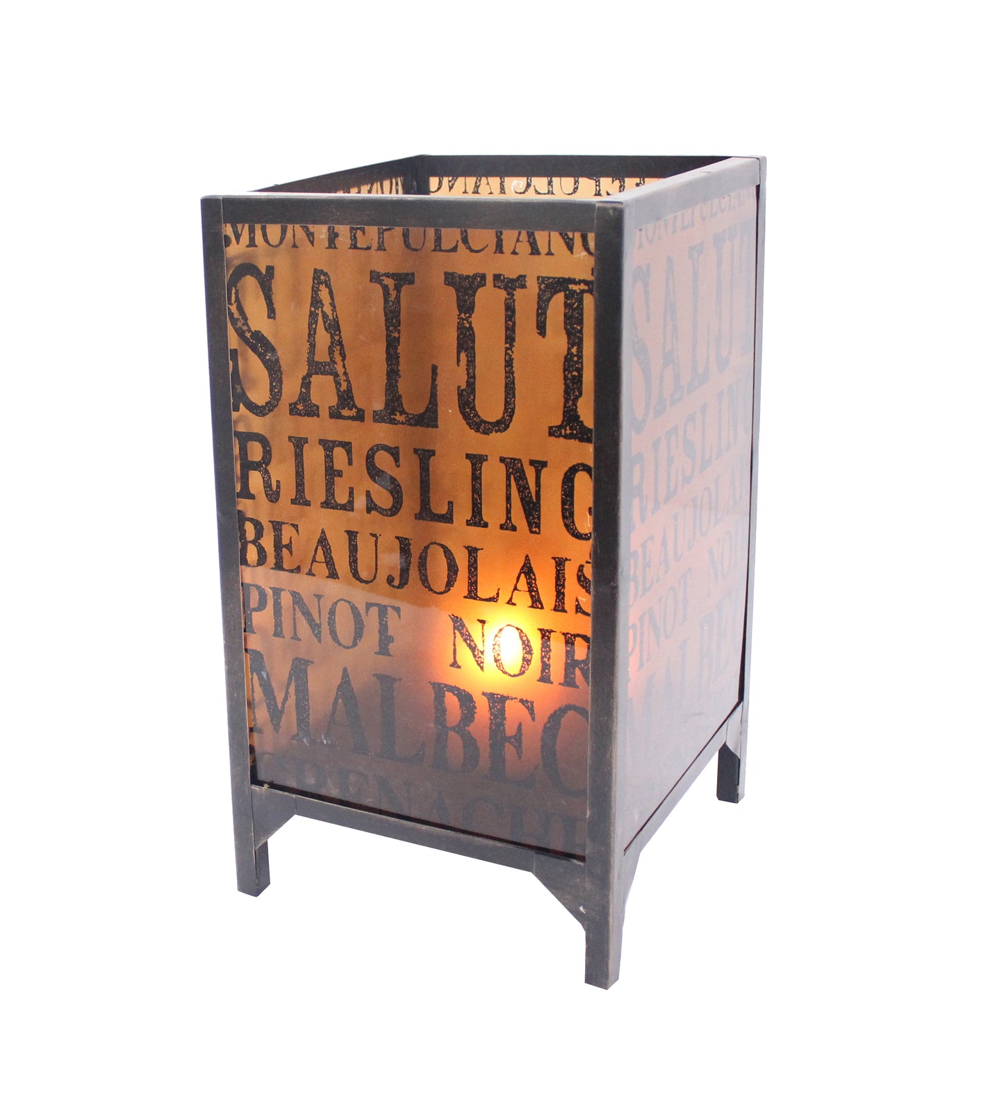 Cuboidal Metal And Glass Candleholder With Typography Black And Clear