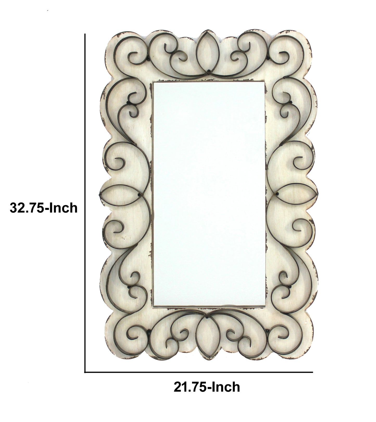 Rectangular Wall Mirror With Wooden Frame And Metal Scrolled Edges White