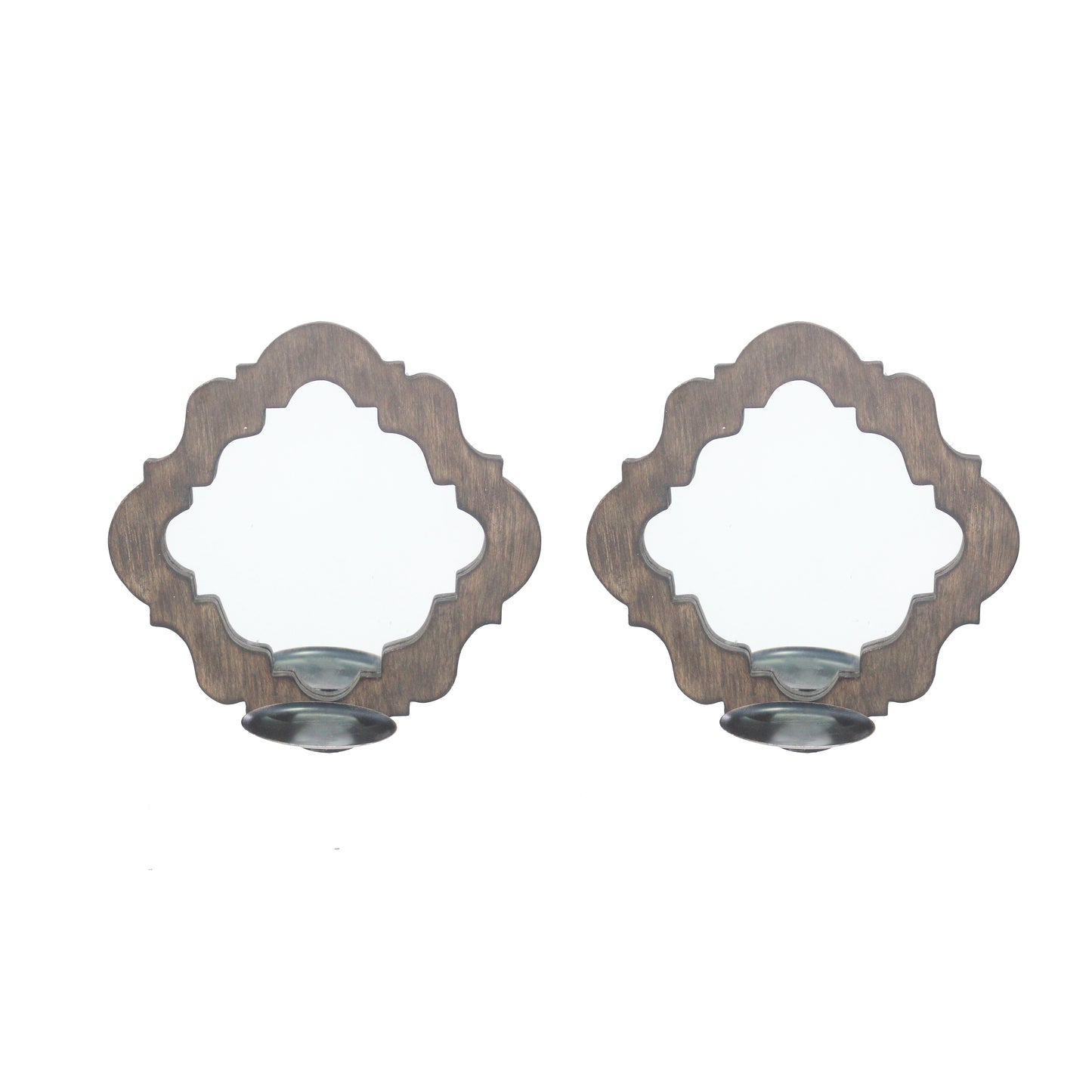 Wooden Candle Holders With Mirror And Quatrefoil Pattern Set Of 2 Brown