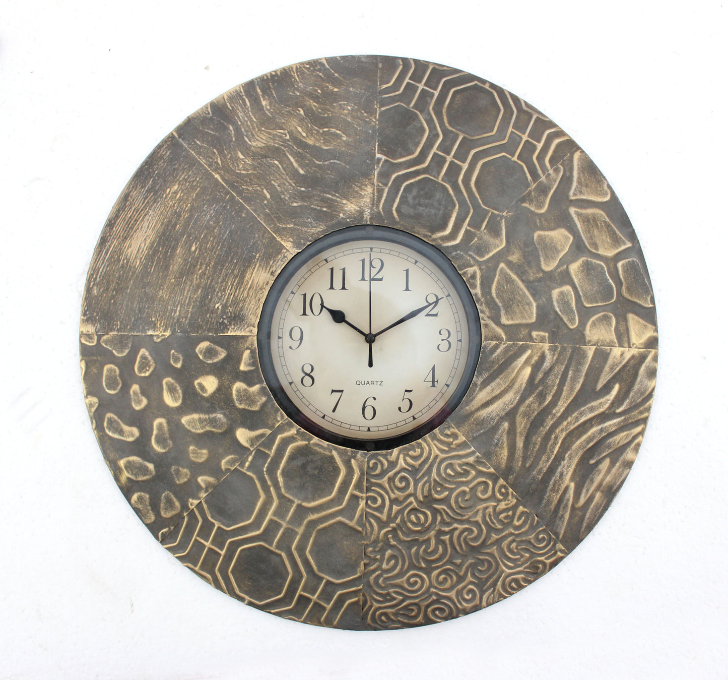 Circular Wall Clock With Engraved Textured Frame Brown
