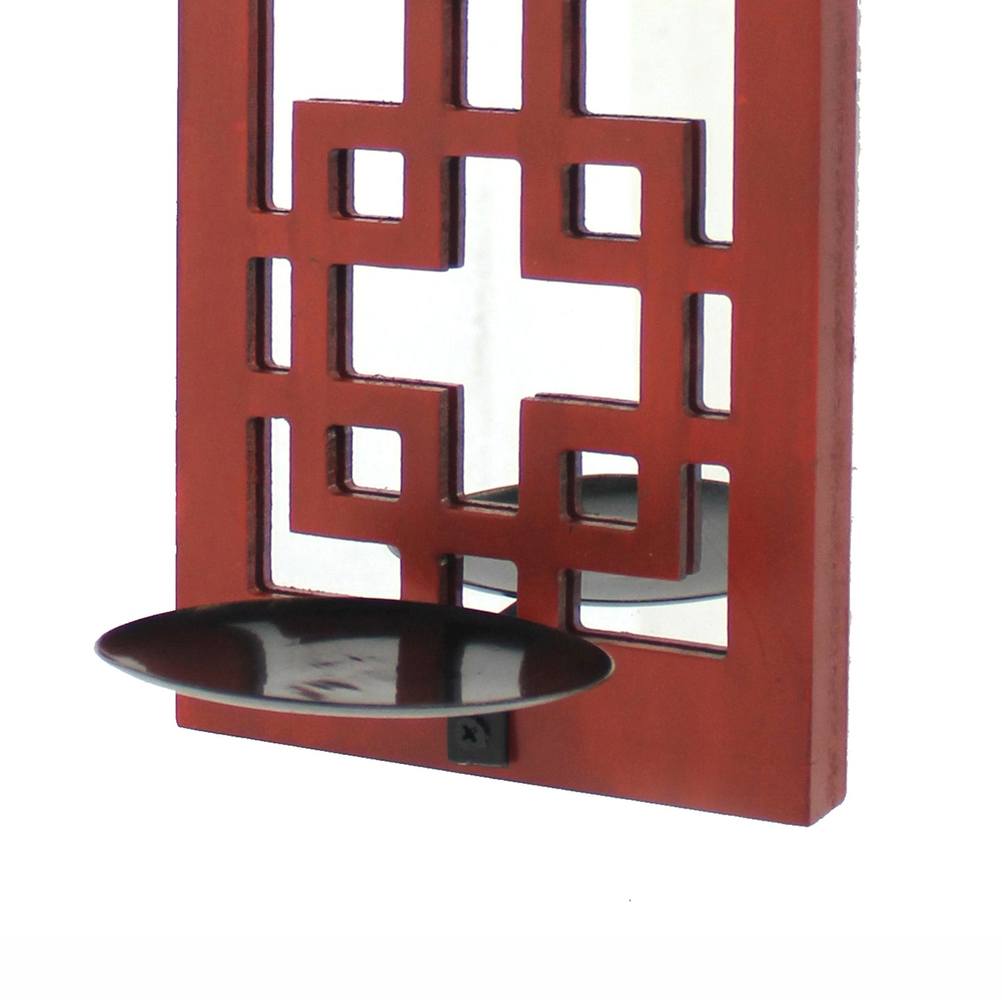 Lattice Design Wooden Frame Candle Holder With Mirror Insert Red