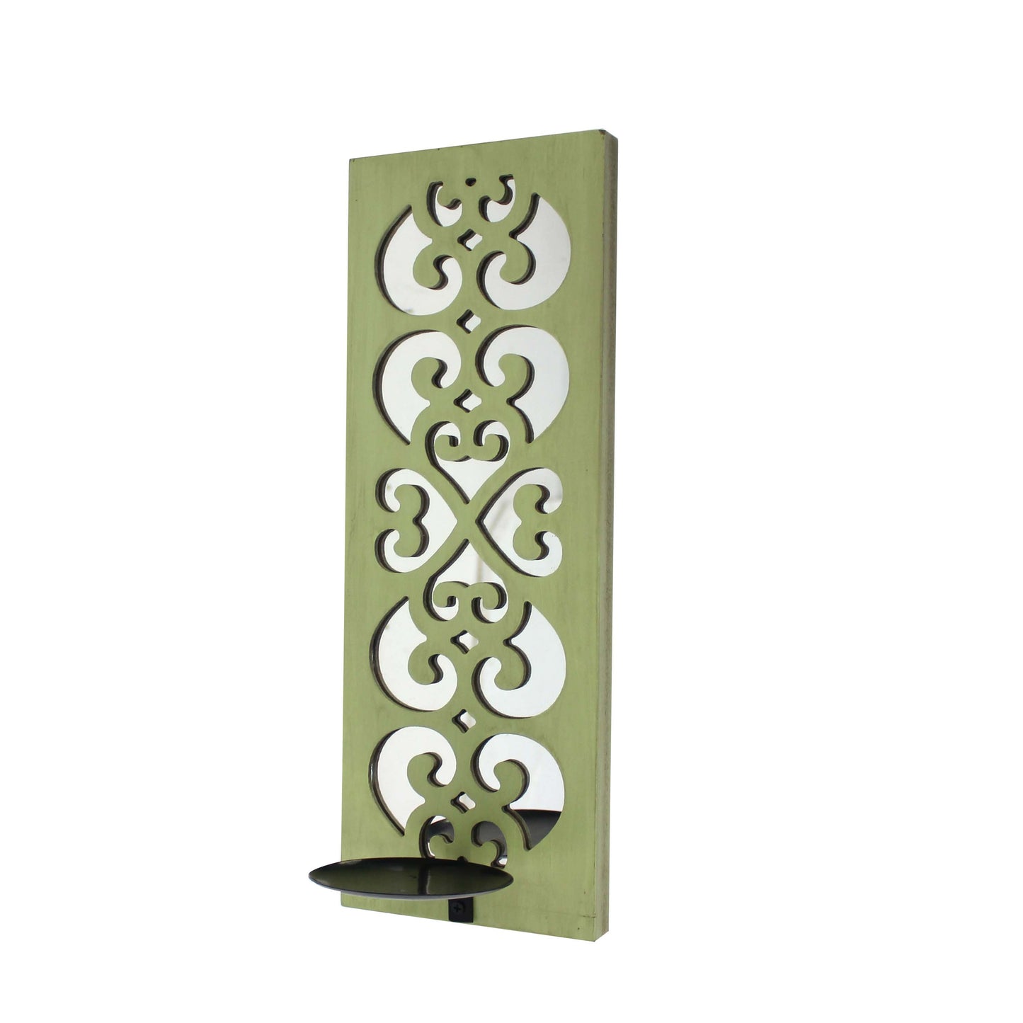 Quatrefoil Pattern Wooden Candle Holder With Mirror Insert Green