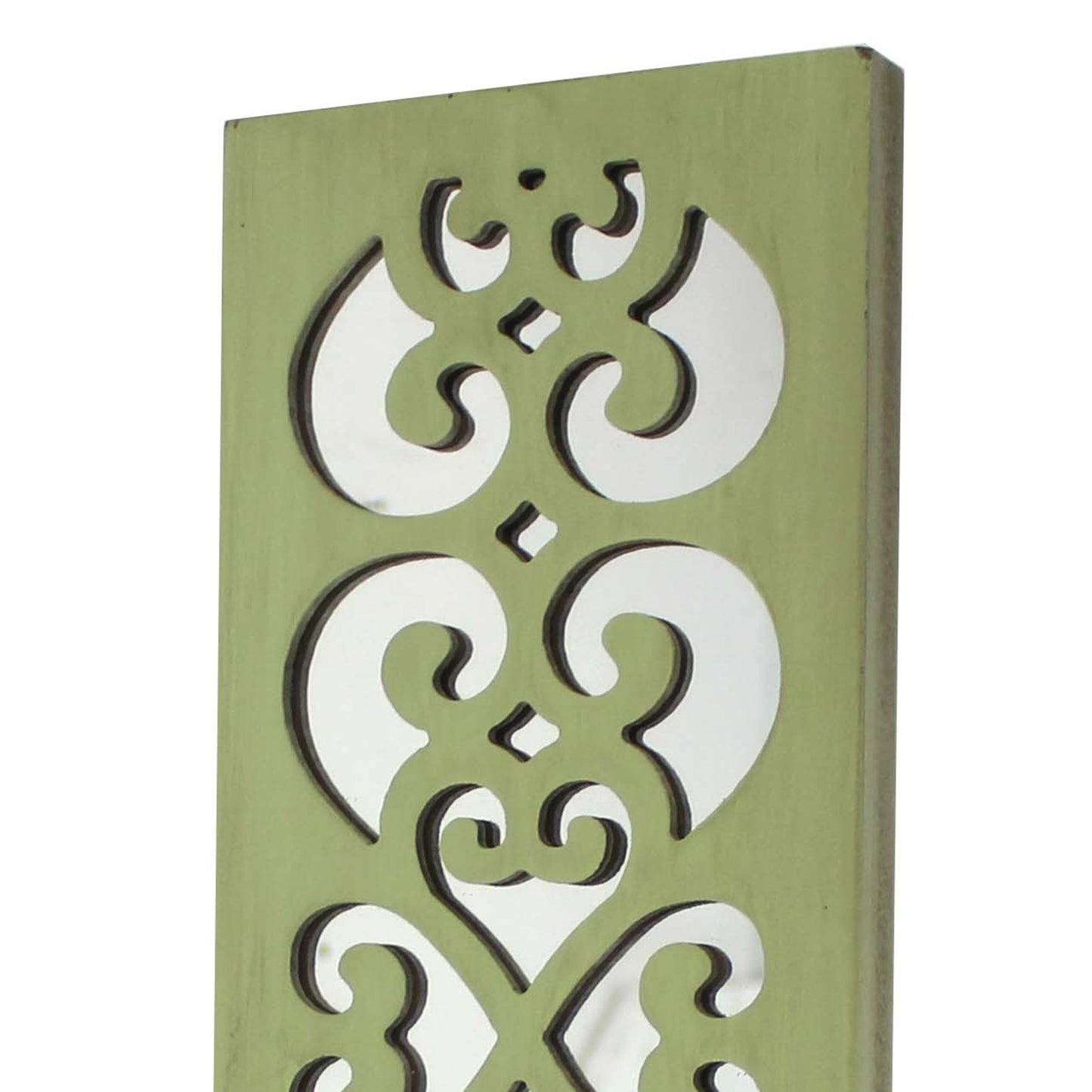 Quatrefoil Pattern Wooden Candle Holder With Mirror Insert Green