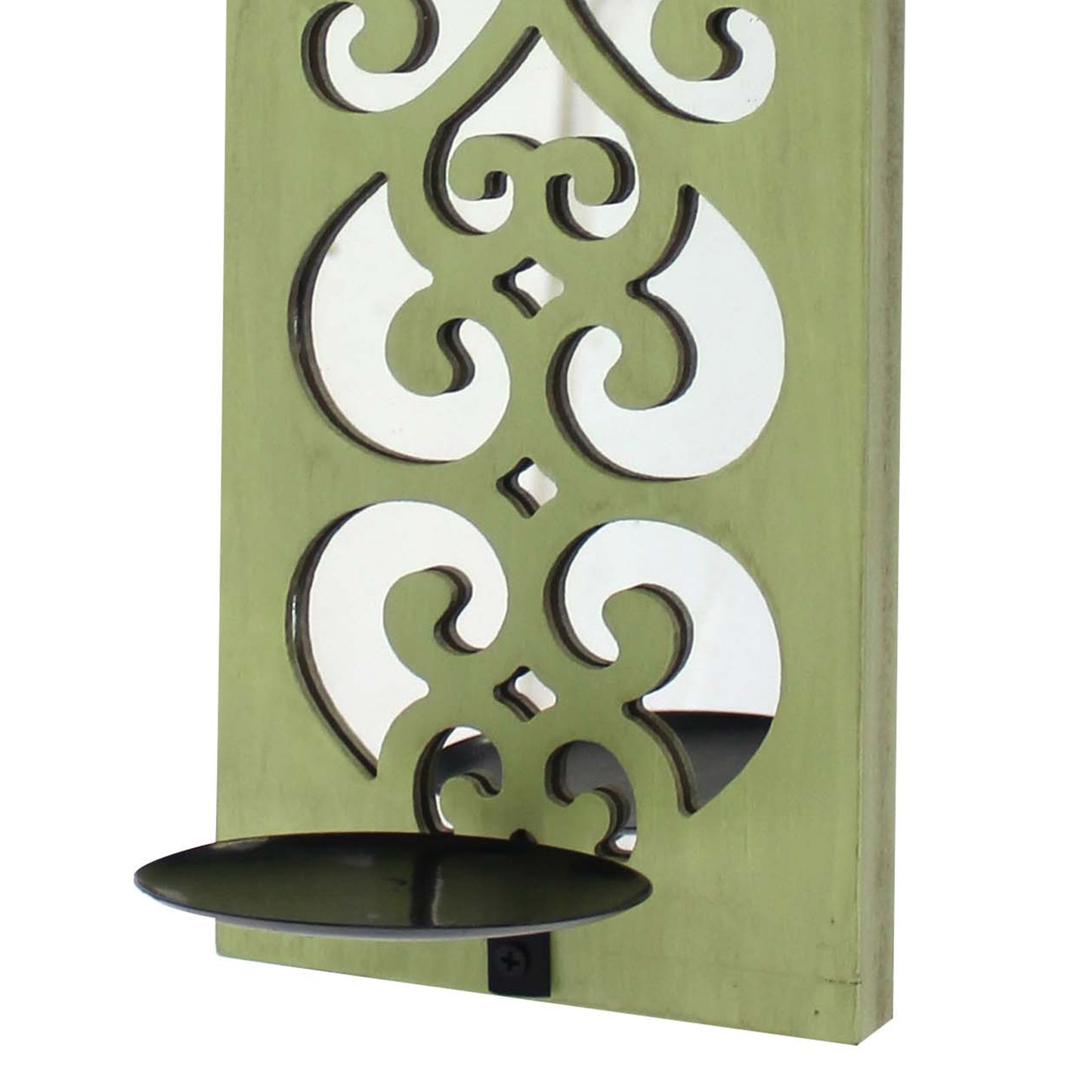 Quatrefoil Pattern Wooden Candle Holder With Mirror Insert Green