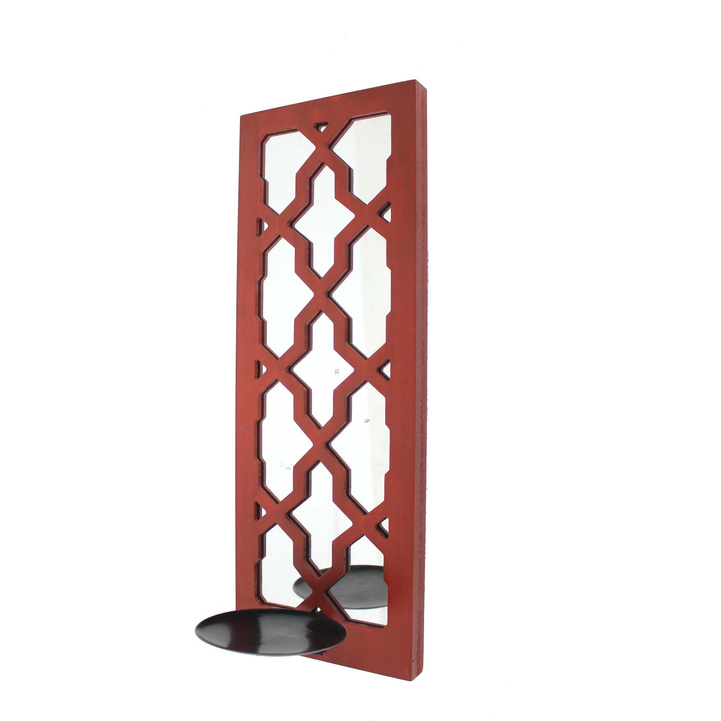 Quatrefoil Pattern Wooden Candle Holder With Mirror Insert Red