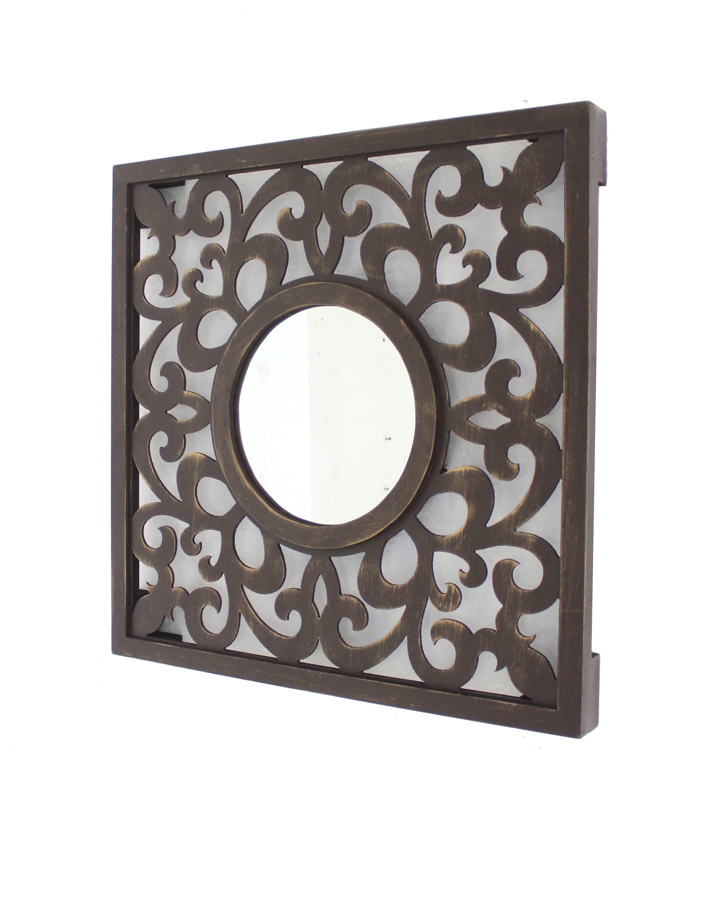 Wooden Frame Square Wall Mirror With Floral Cut Out Design Espresso