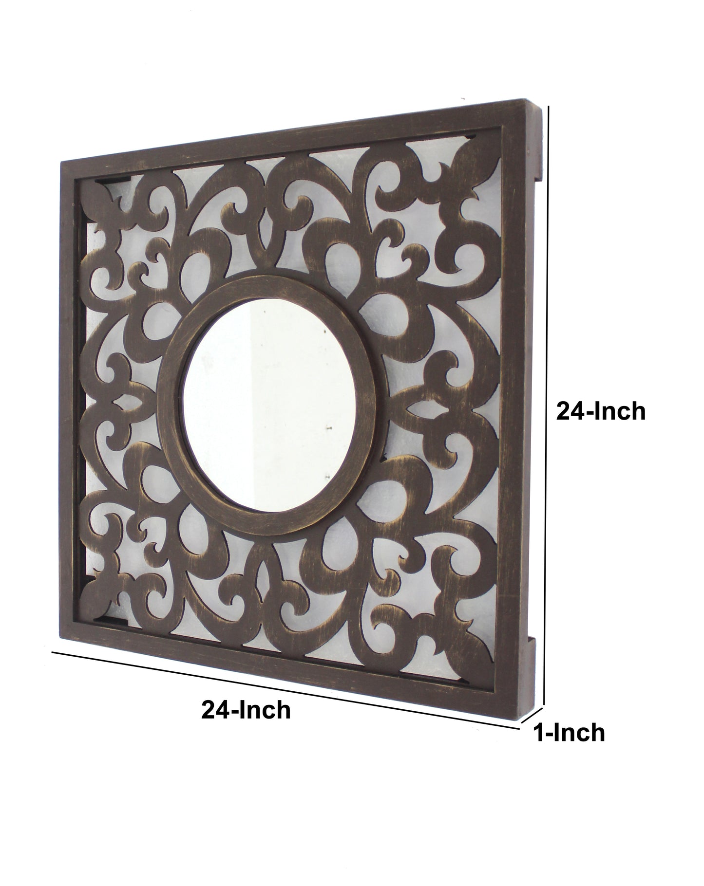 Wooden Frame Square Wall Mirror With Floral Cut Out Design Espresso