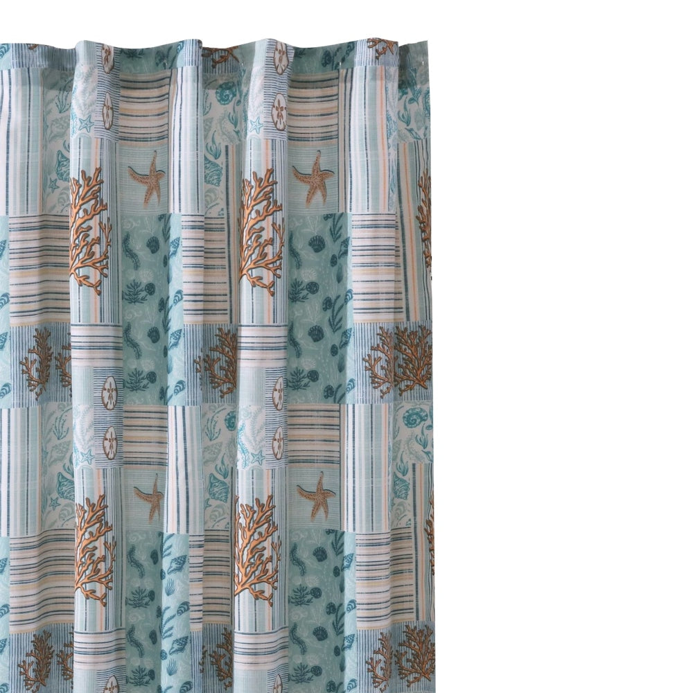 Sea Life Print Shower Curtain With Button Holes Blue And Brown