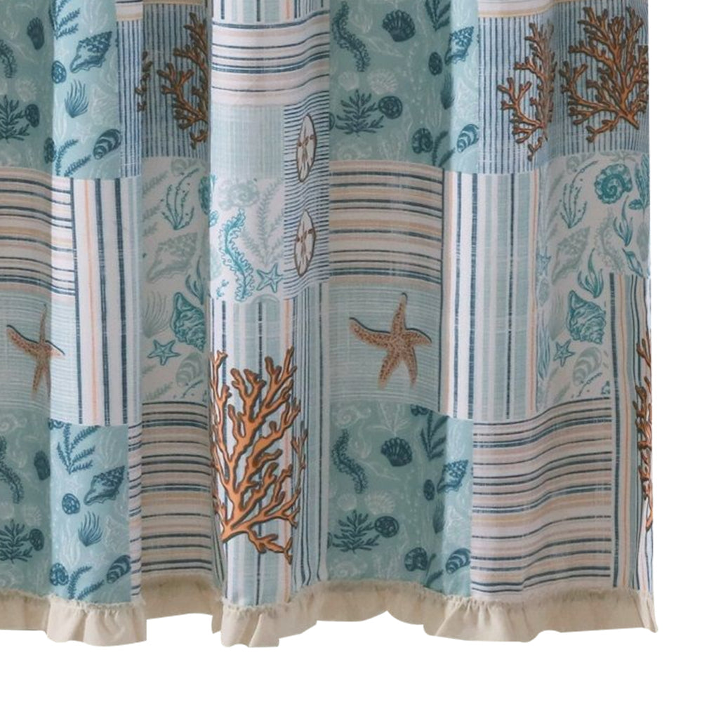 Sea Life Print Shower Curtain With Button Holes Blue And Brown