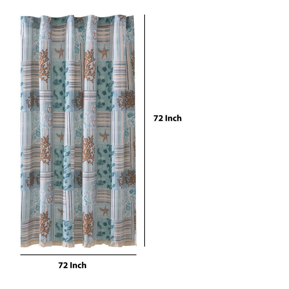 Sea Life Print Shower Curtain With Button Holes Blue And Brown