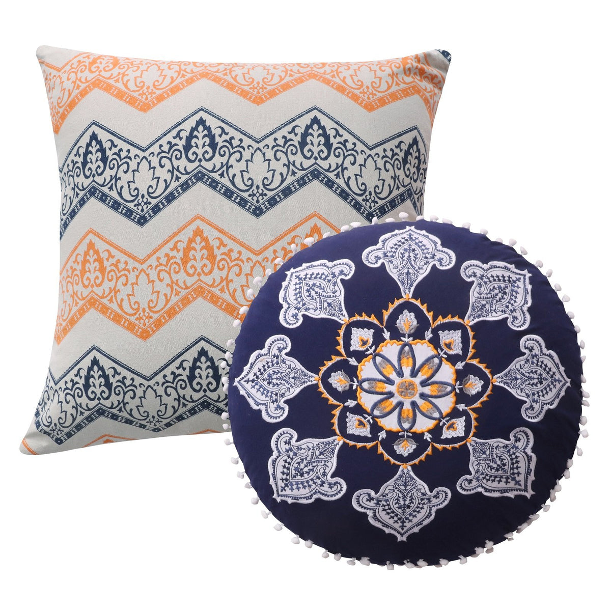 2 Piece Decorative Accent Throw Pillow Set Embroidery Cotton Saffron Orange Blue