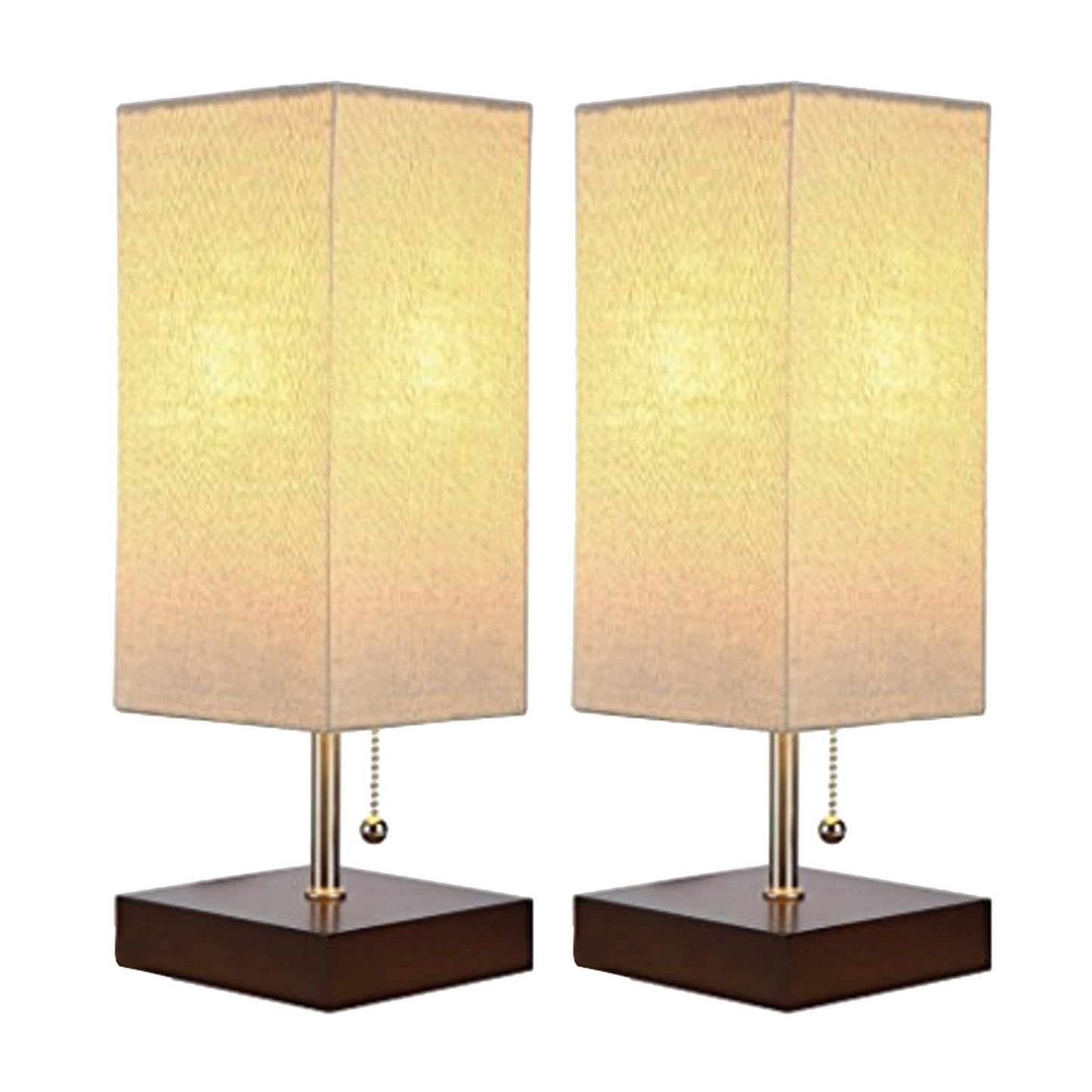 14 Inches Wooden Frame Table Lamp with Chain Pull Switch Set of 2 Brown