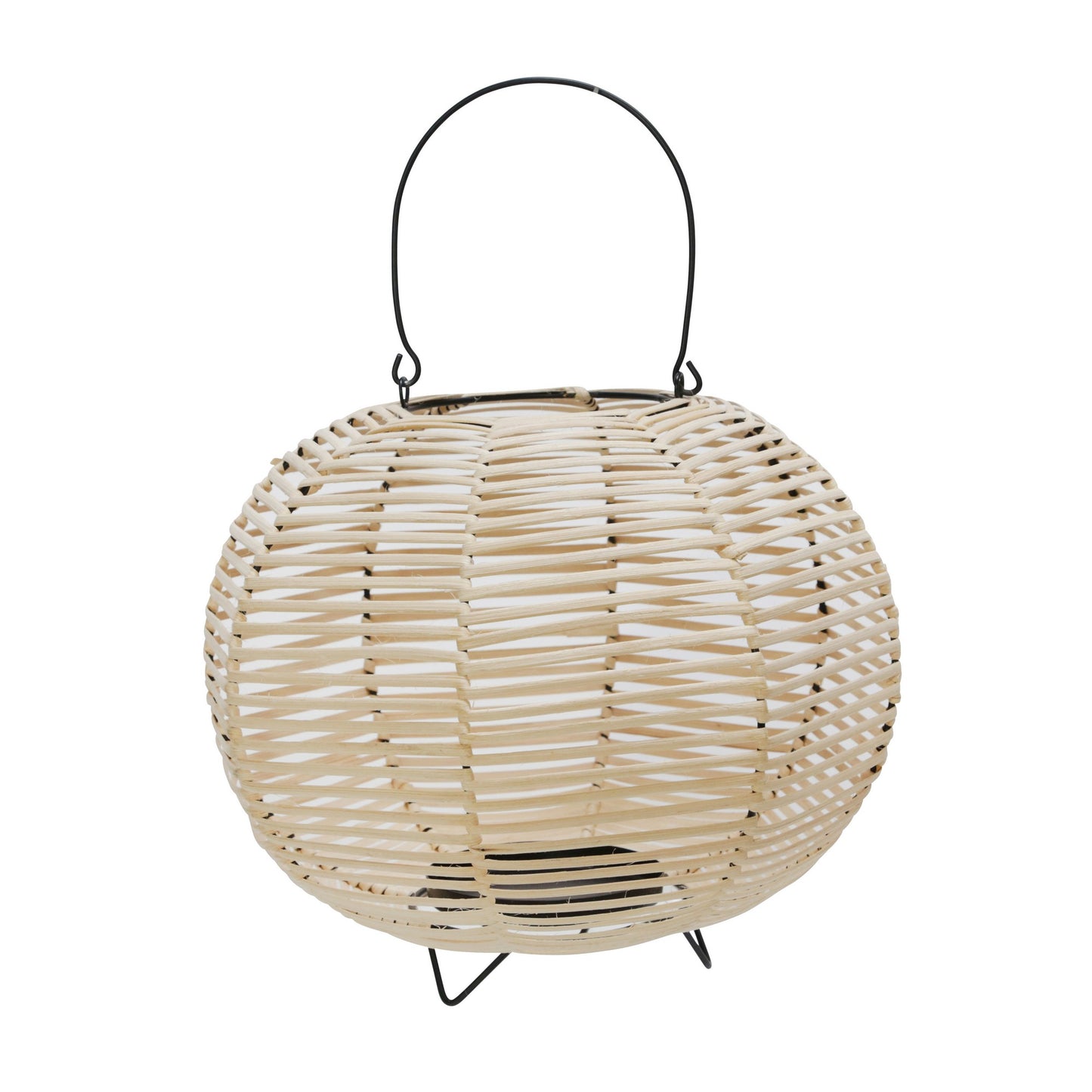 Woven Wicker Lantern With Bellied Metal Frame And Handle Beige And Black