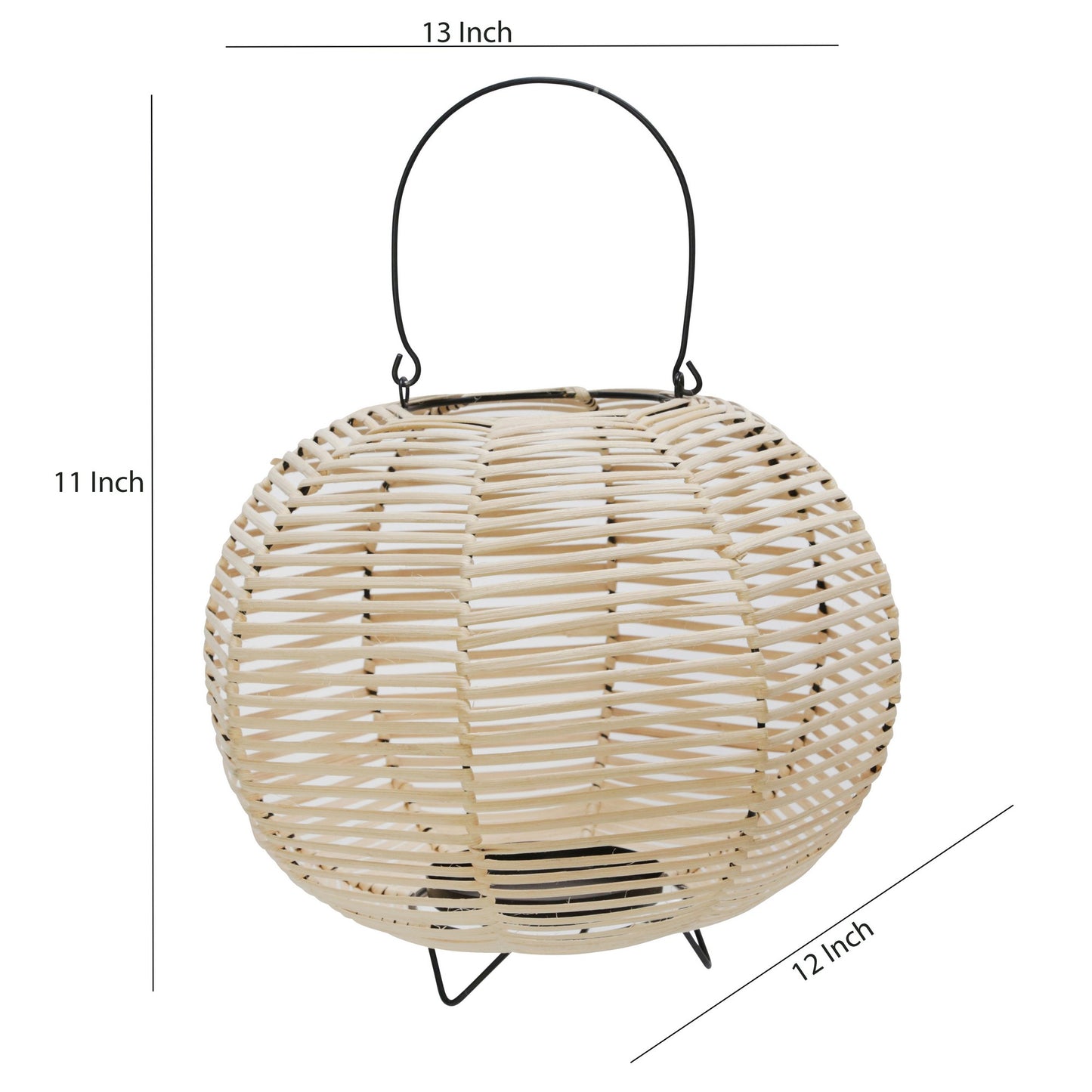 Woven Wicker Lantern With Bellied Metal Frame And Handle Beige And Black