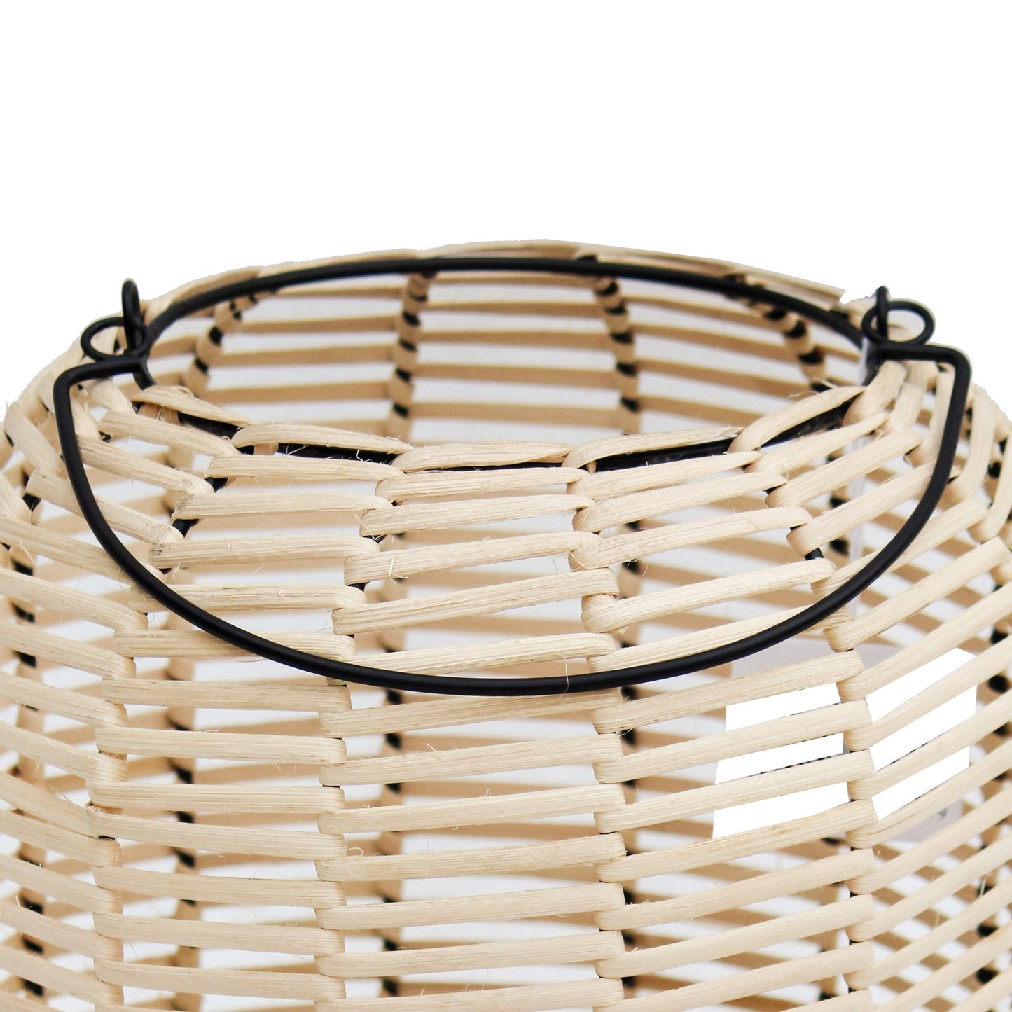 Woven Wicker Lantern With Round Metal Frame And Handle Beige And Black