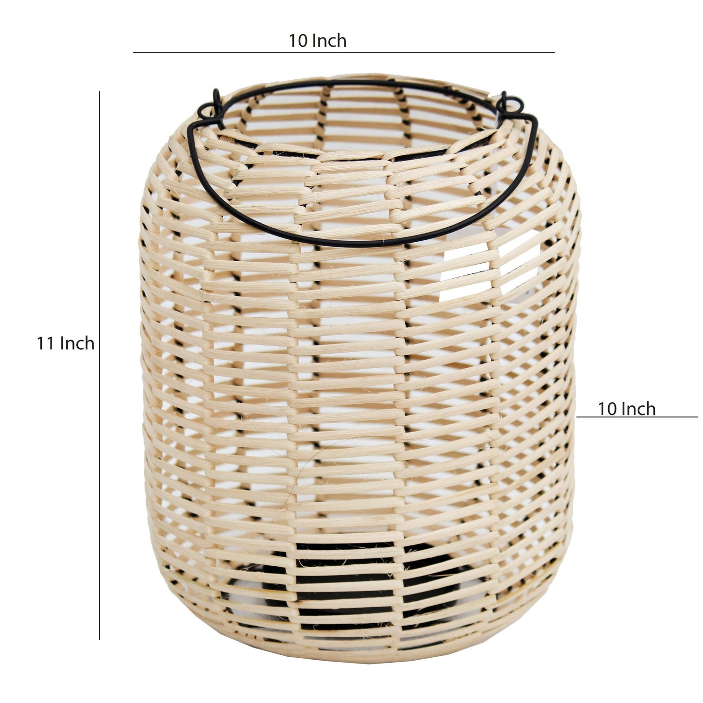 Woven Wicker Lantern With Round Metal Frame And Handle Beige And Black