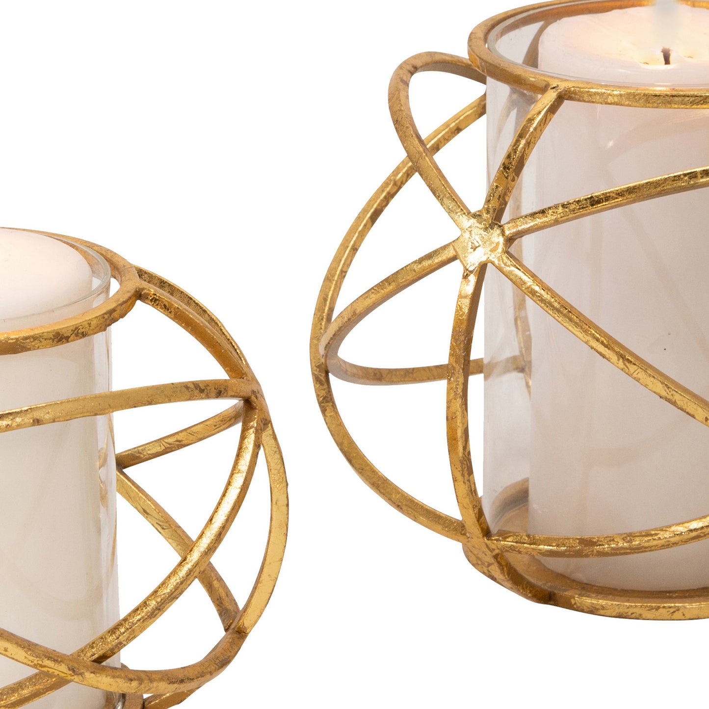 Metal Candle Holder With Orb Design And Glass Hurricane Set Of 2 Gold