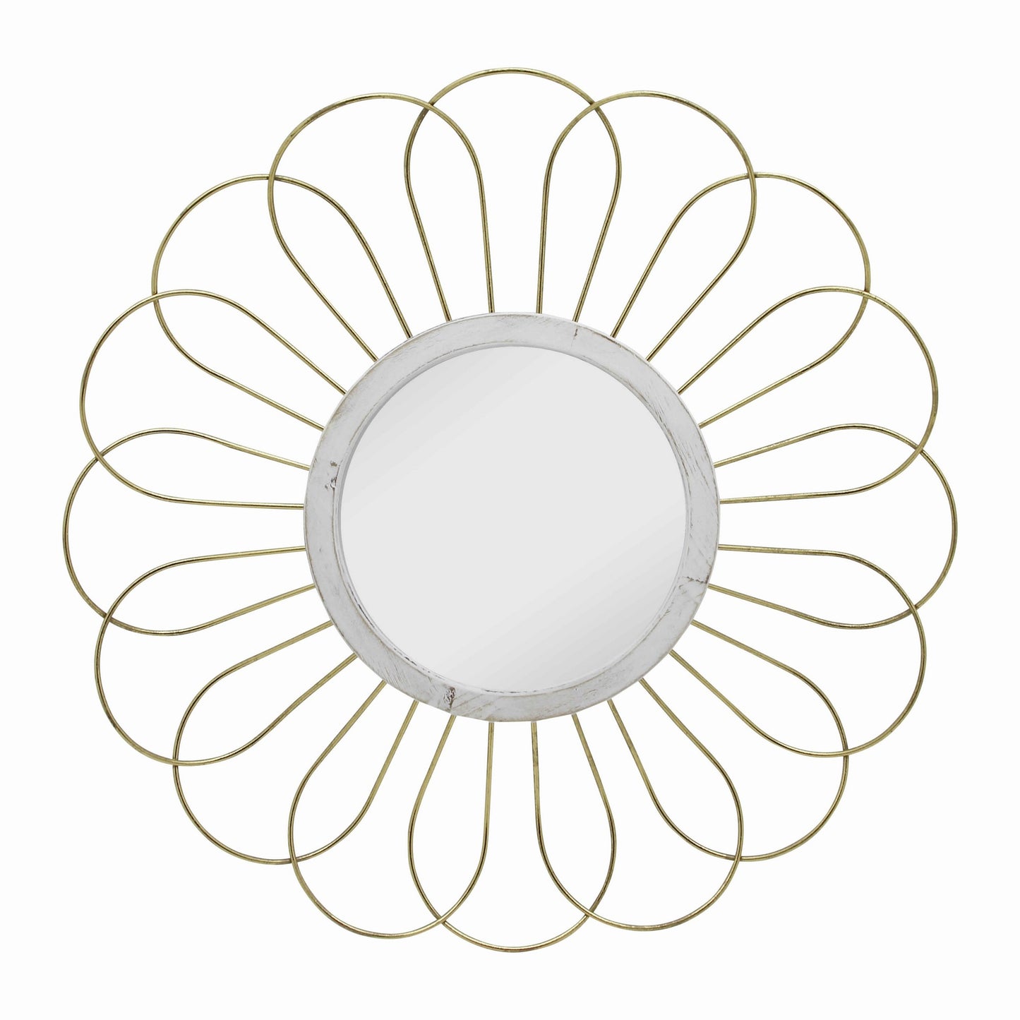 Metal Wall Decor With Round Mirror And Overlapped Flower Petals Gold