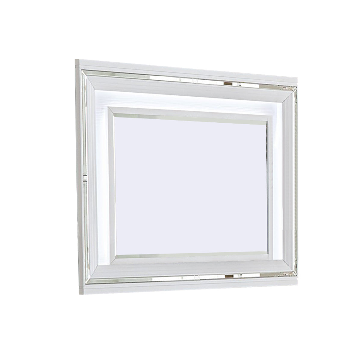 Wooden Frame Mirror With Led And Mirror Trim Accents White