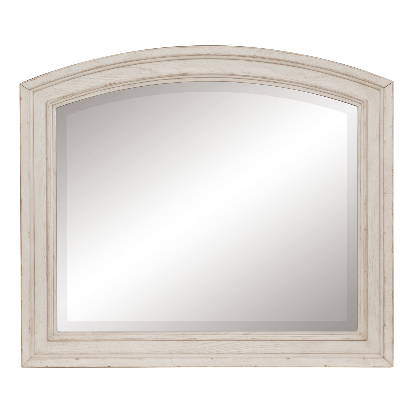 Wooden Bevelled Mirror With Raised Edges And Curved Top Antique White
