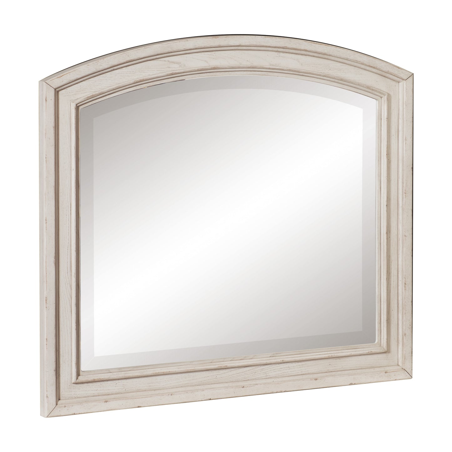 Wooden Bevelled Mirror With Raised Edges And Curved Top Antique White