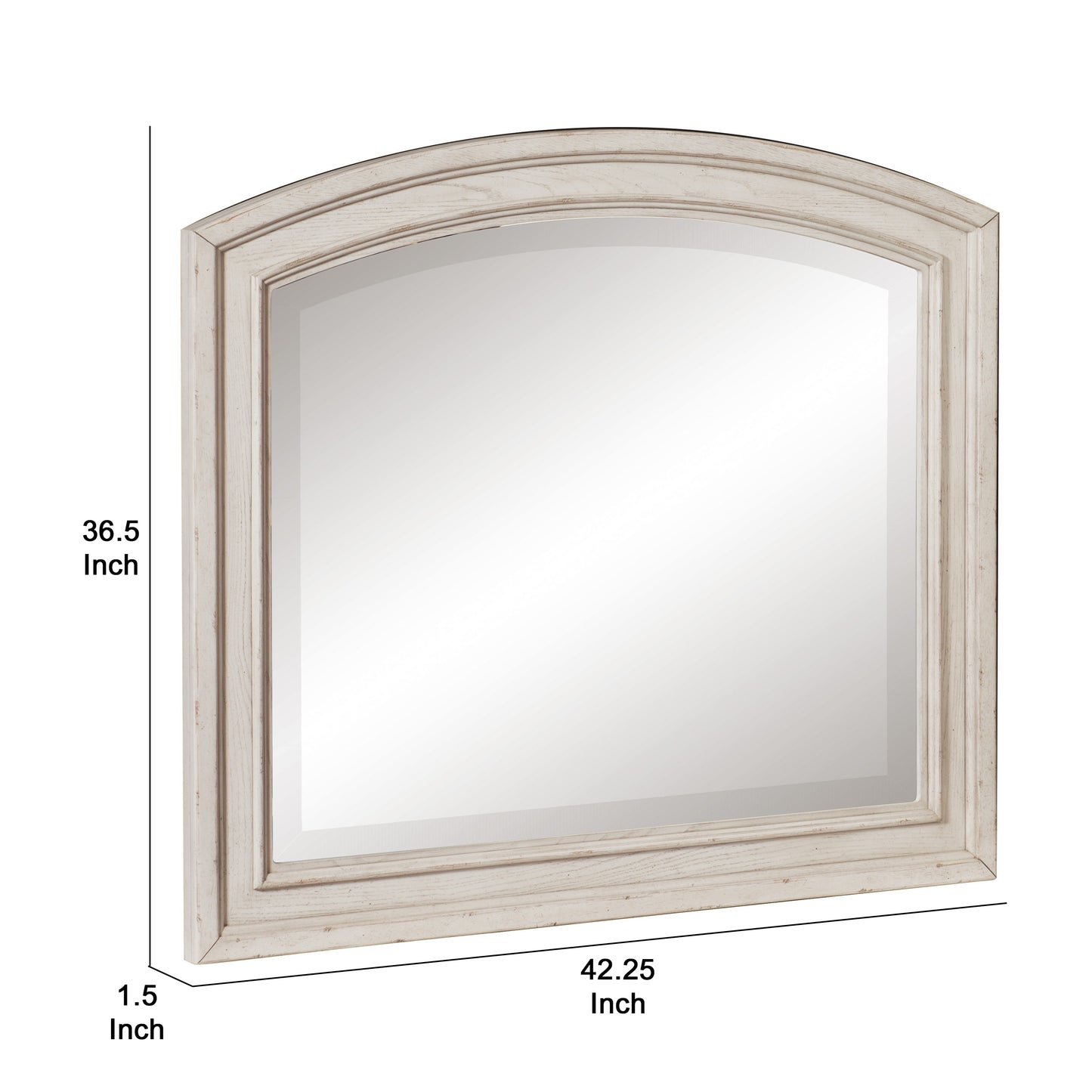 Wooden Bevelled Mirror With Raised Edges And Curved Top Antique White