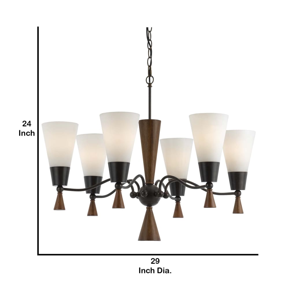 6 Bulb Uplight Chandelier With Glass Shade And Resin Accents white And Brown