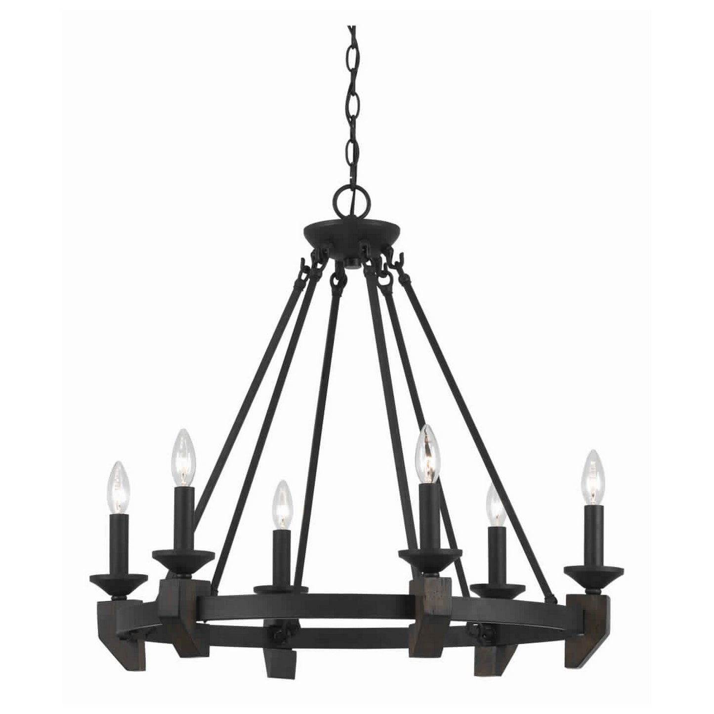 6 Bulb Metal Frame Wagon Wheel Candle Chandelier With Wooden Accents Black