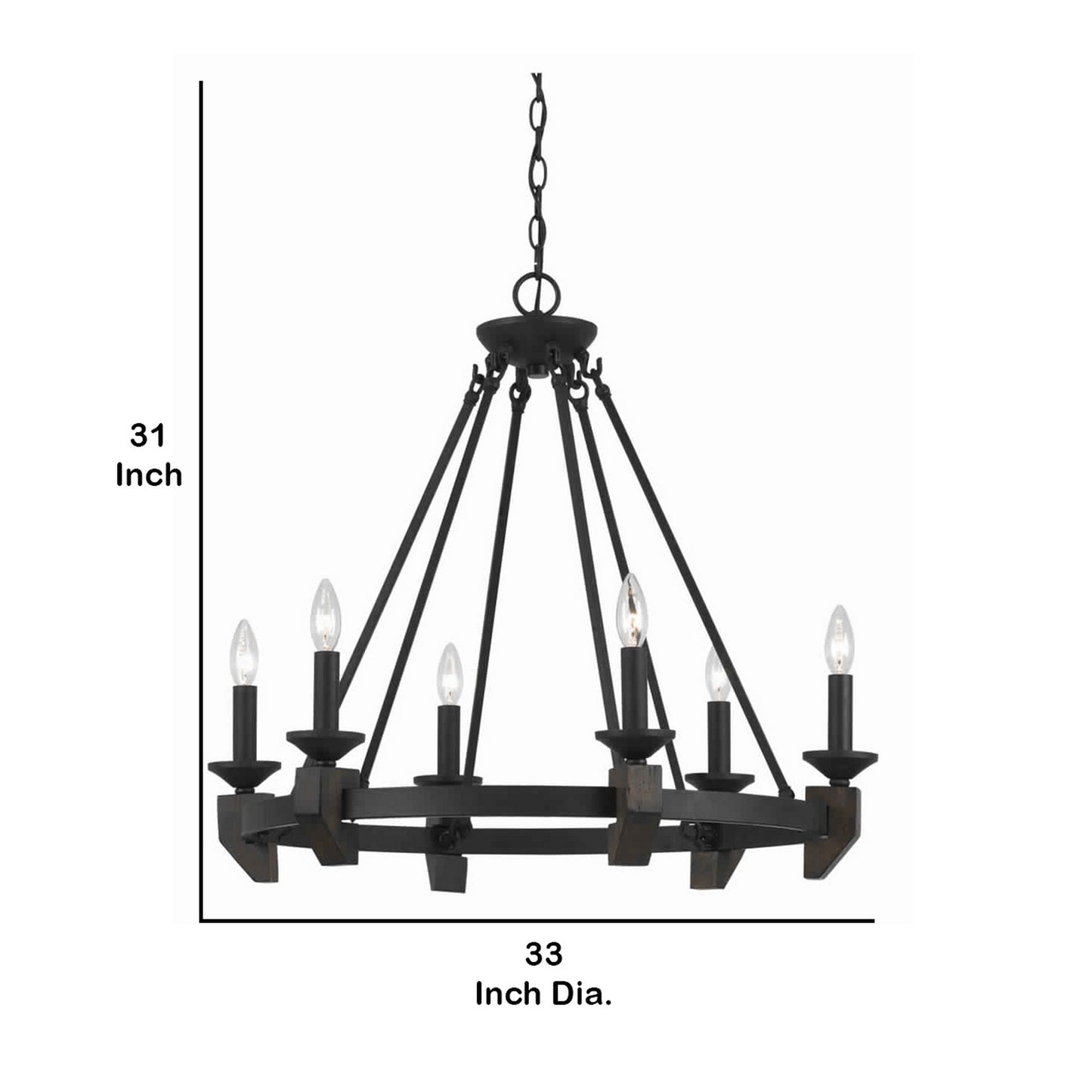 6 Bulb Metal Frame Wagon Wheel Candle Chandelier With Wooden Accents Black
