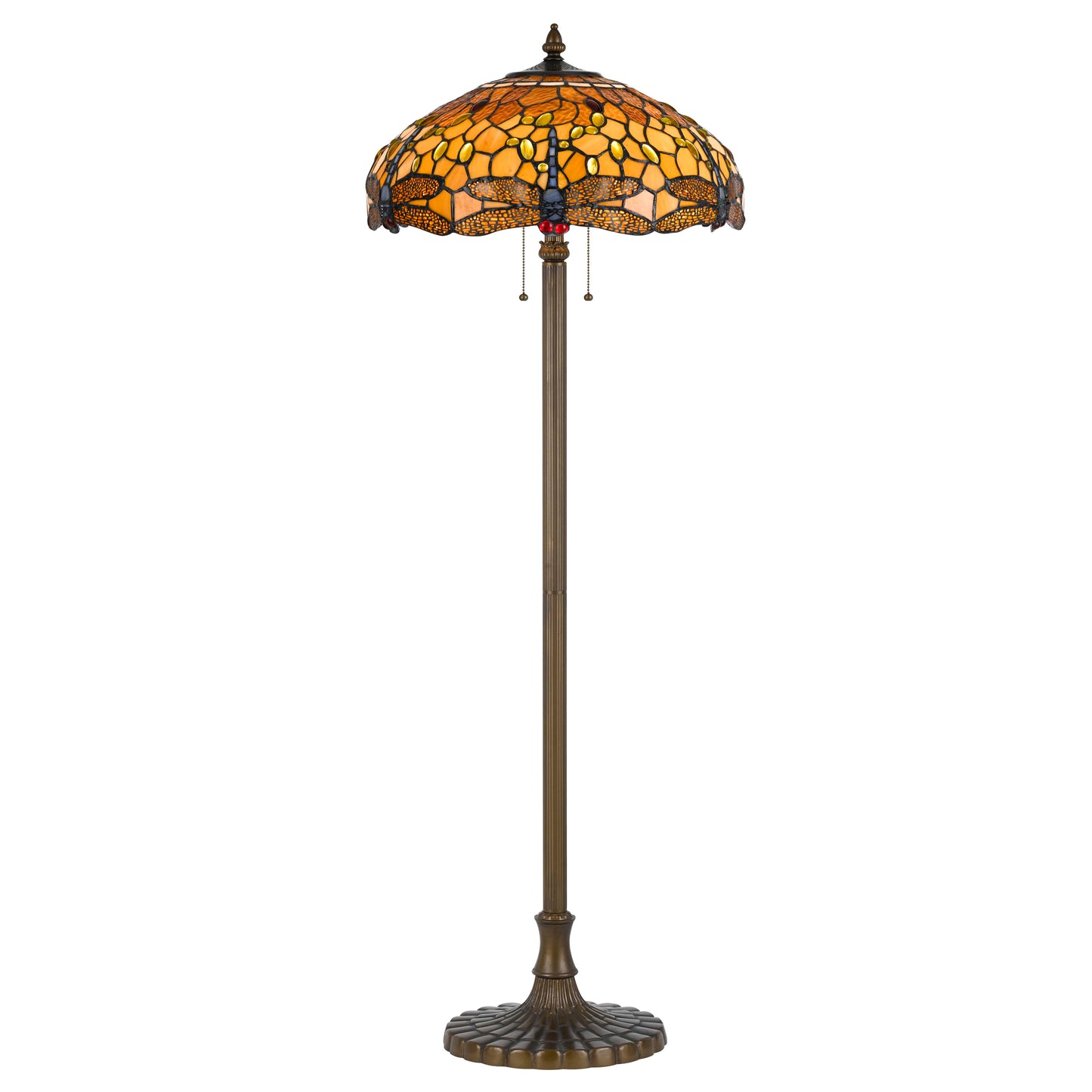 2 Bulb Tiffany Floor Lamp With Dragonfly Design Shade Multicolor