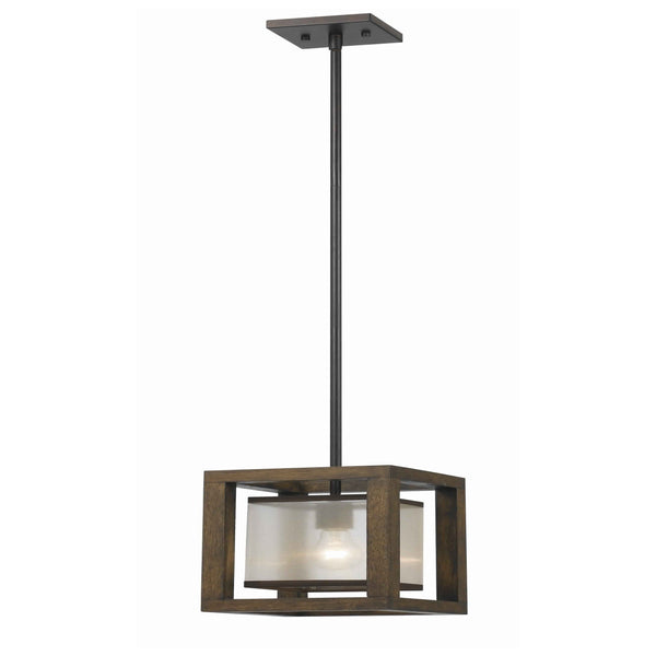 60 Watt Mini Pendant With Wooden Frame And Organza Striped Shade Brown