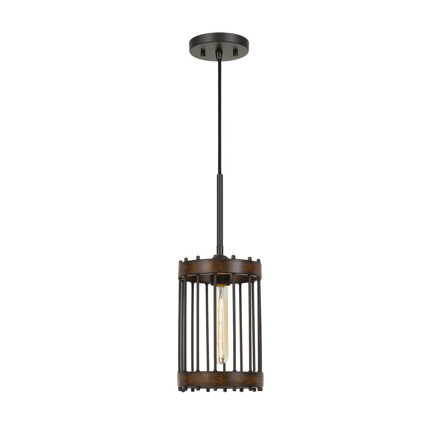 Caged Cylinder Design Metal Pendant Fixture With Canopy Black And Brown