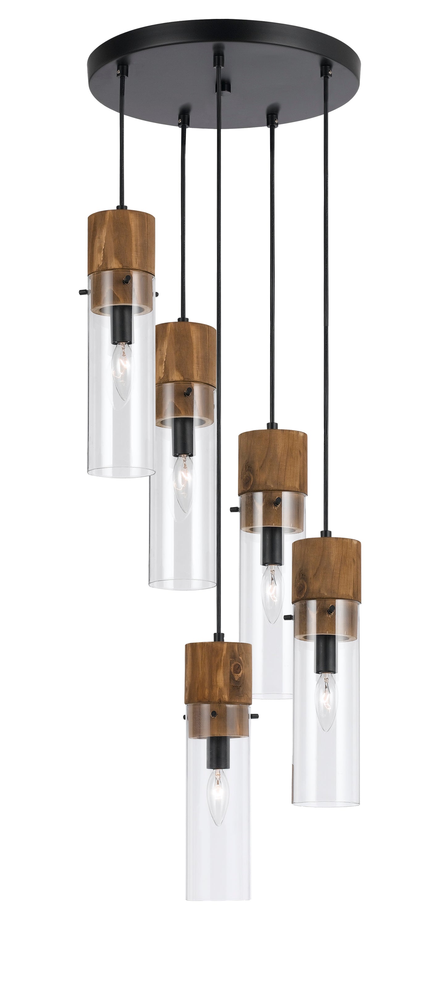 5 Bulb Wind Chime Design Pendant With Cylindrical Glass Shades Black