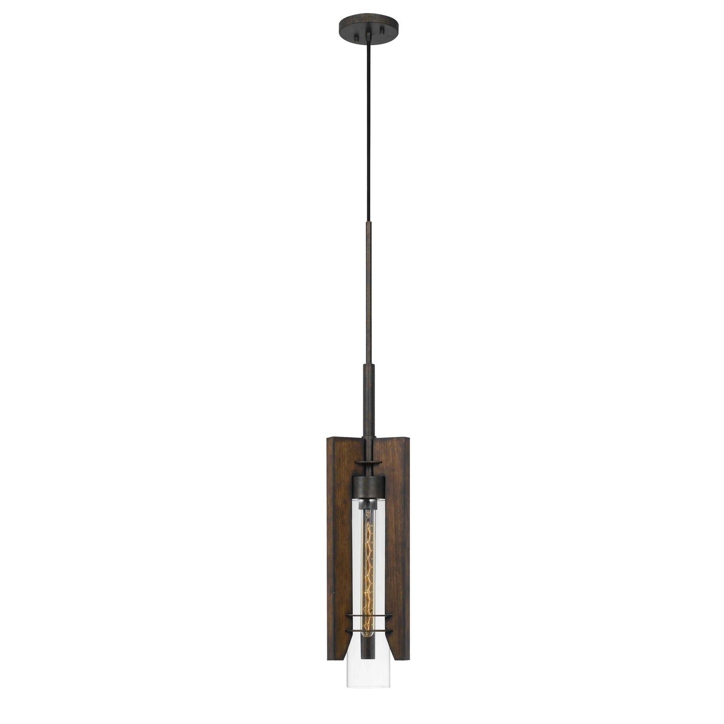 60 Watt Metal Frame Pendant Fixture With Wood And Glass Shade Brown