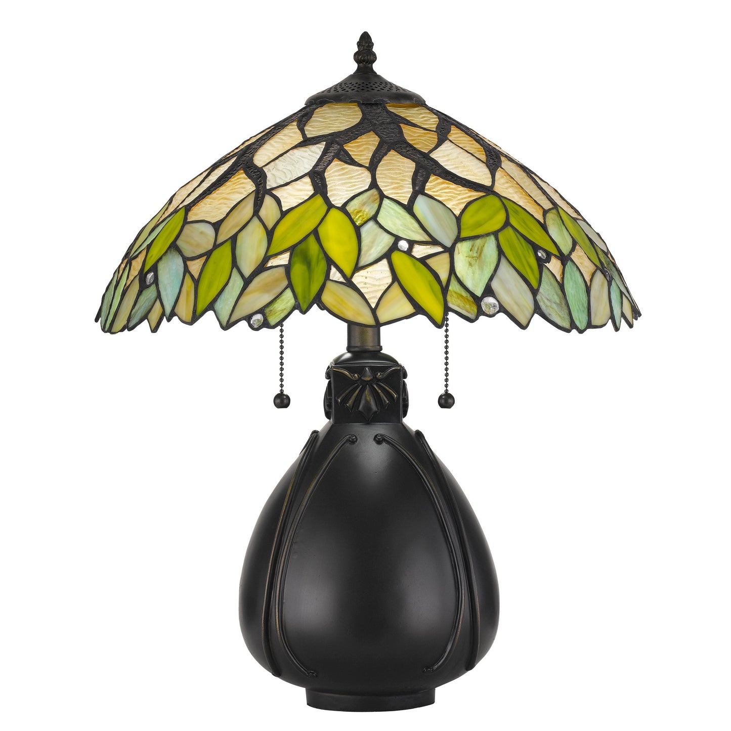 2 Bulb Tiffany Table Lamp with Leaf Design Glass Shade Multicolor