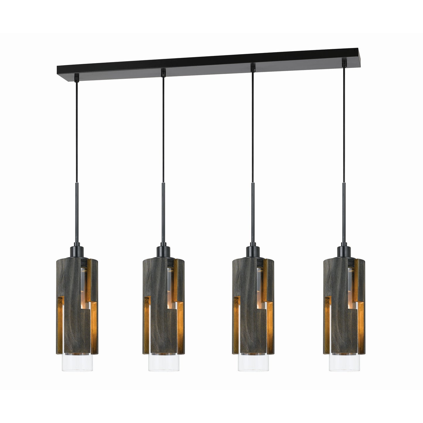 4 Light Metal Frame Pendant Fixture With Wooden And Glass Shades Gray