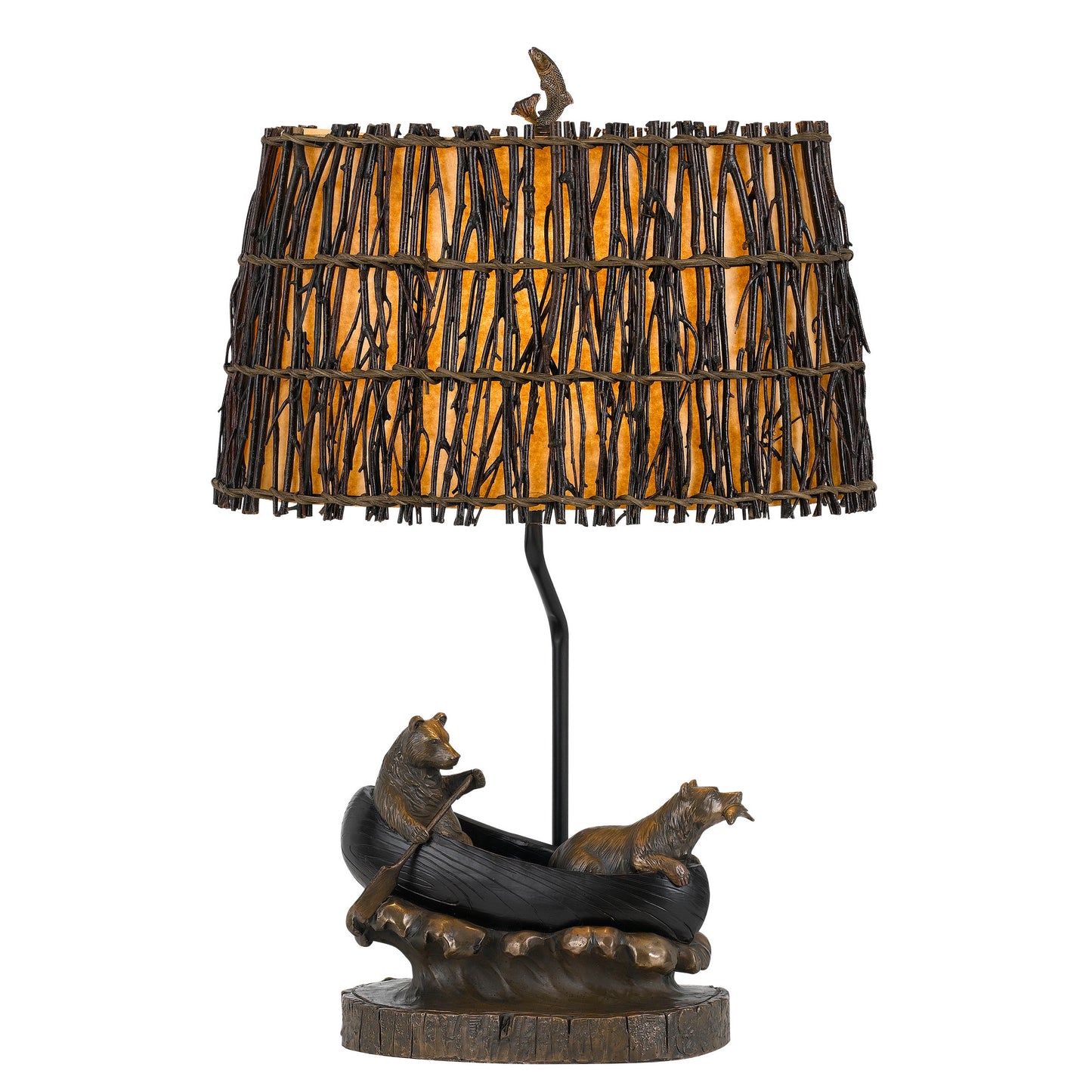 150W 3 Way Bear Canoe Table Lamp with Oval Wicker Shade Antique Bronze