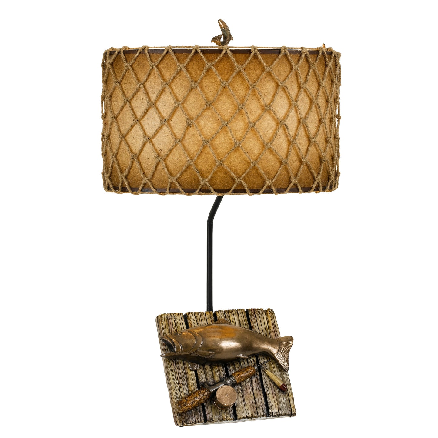 Fishing Theme Resin Table Lamp with Net Accent Paper Drum Shade Beige