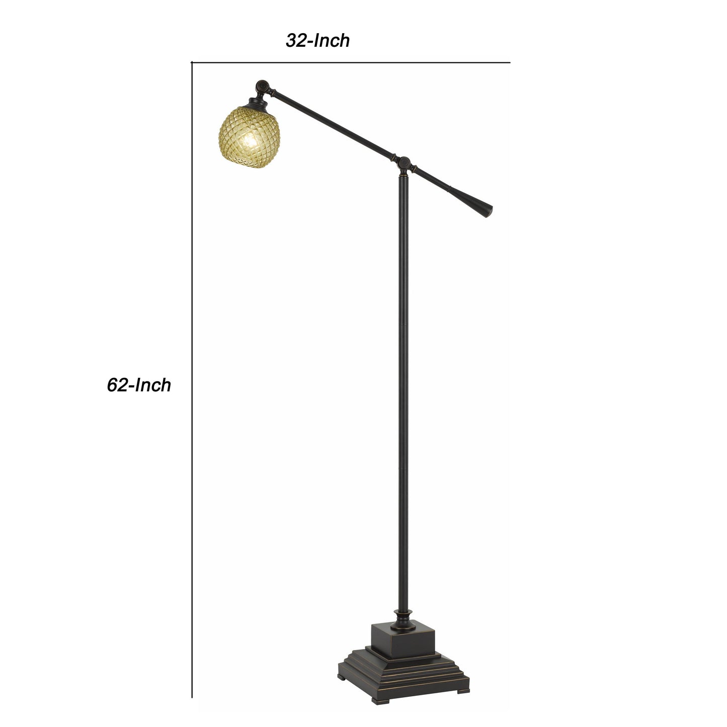 Metal Body Floor Lamp With Adjustable Arm And Textured Glass Shade Black