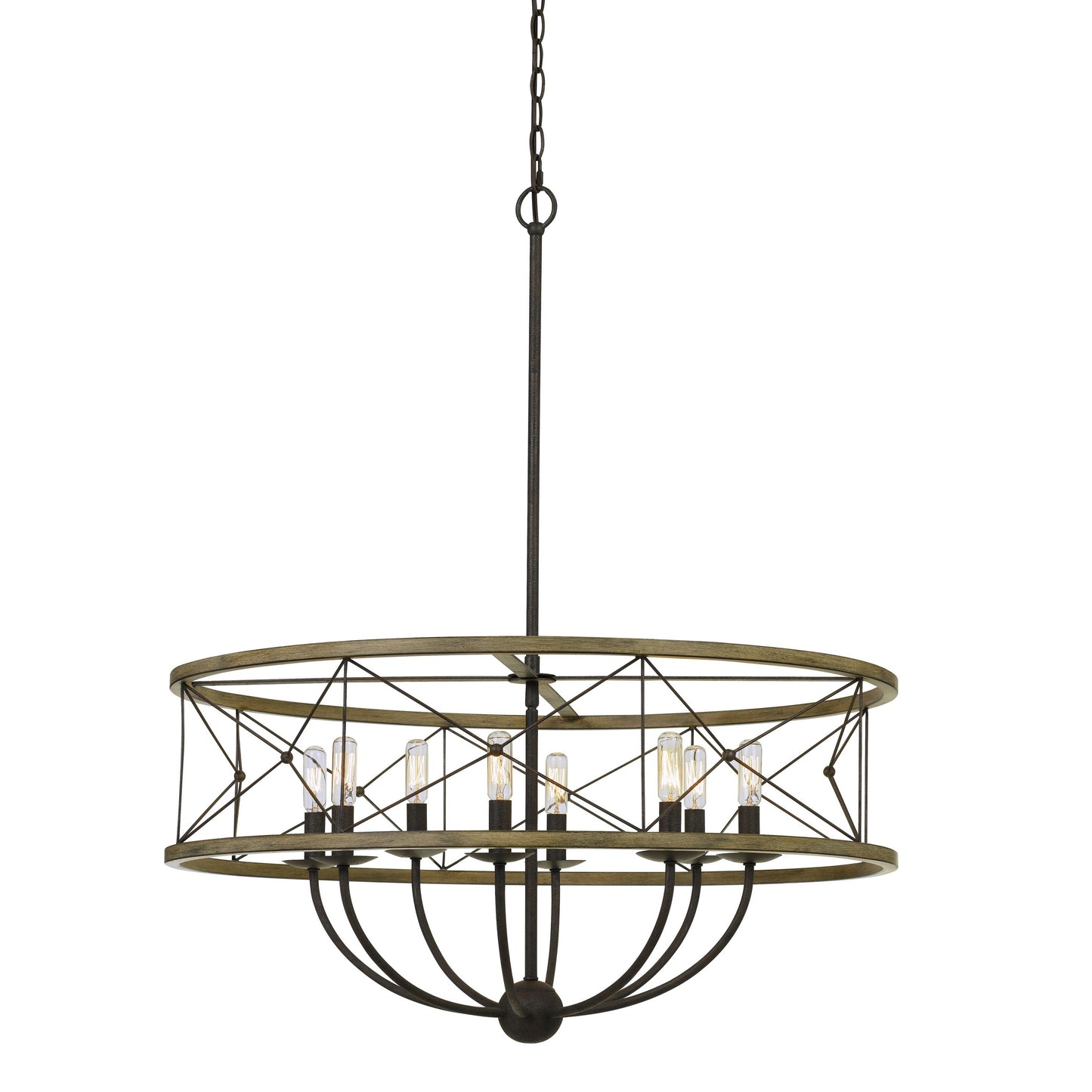 Round Wooden Frame Pendant Fixture With Metal Lattice Design Dark Bronze