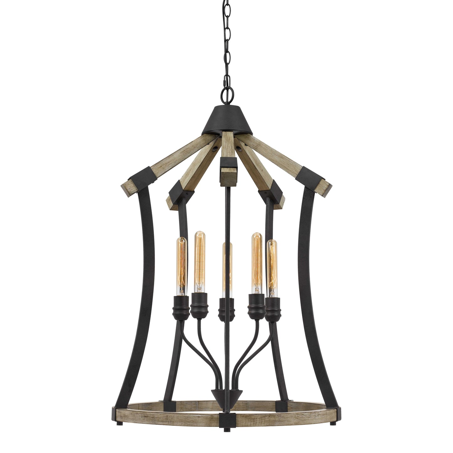 5 Bulb Pendant Fixture With Wooden And Metal Frame Brown And Black