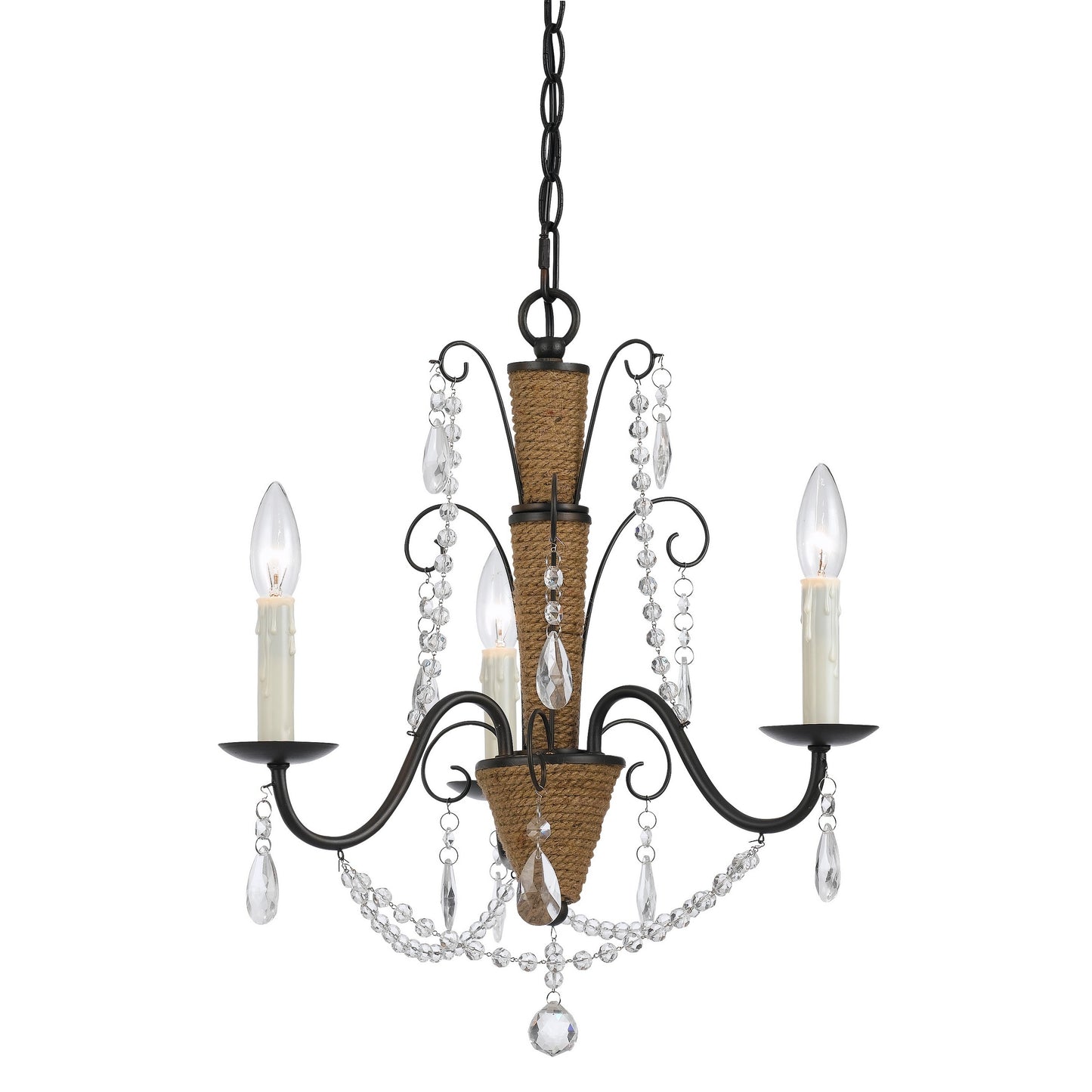 Scroll Metal Frame Chandelier With Hanging Crystals And Wrapped Rope bronze