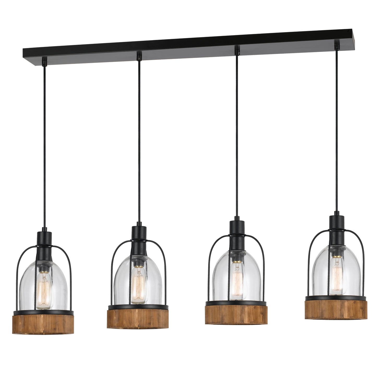 Metal Pendant Fixture With 4 Lantern Design Glass Shade Black And Clear