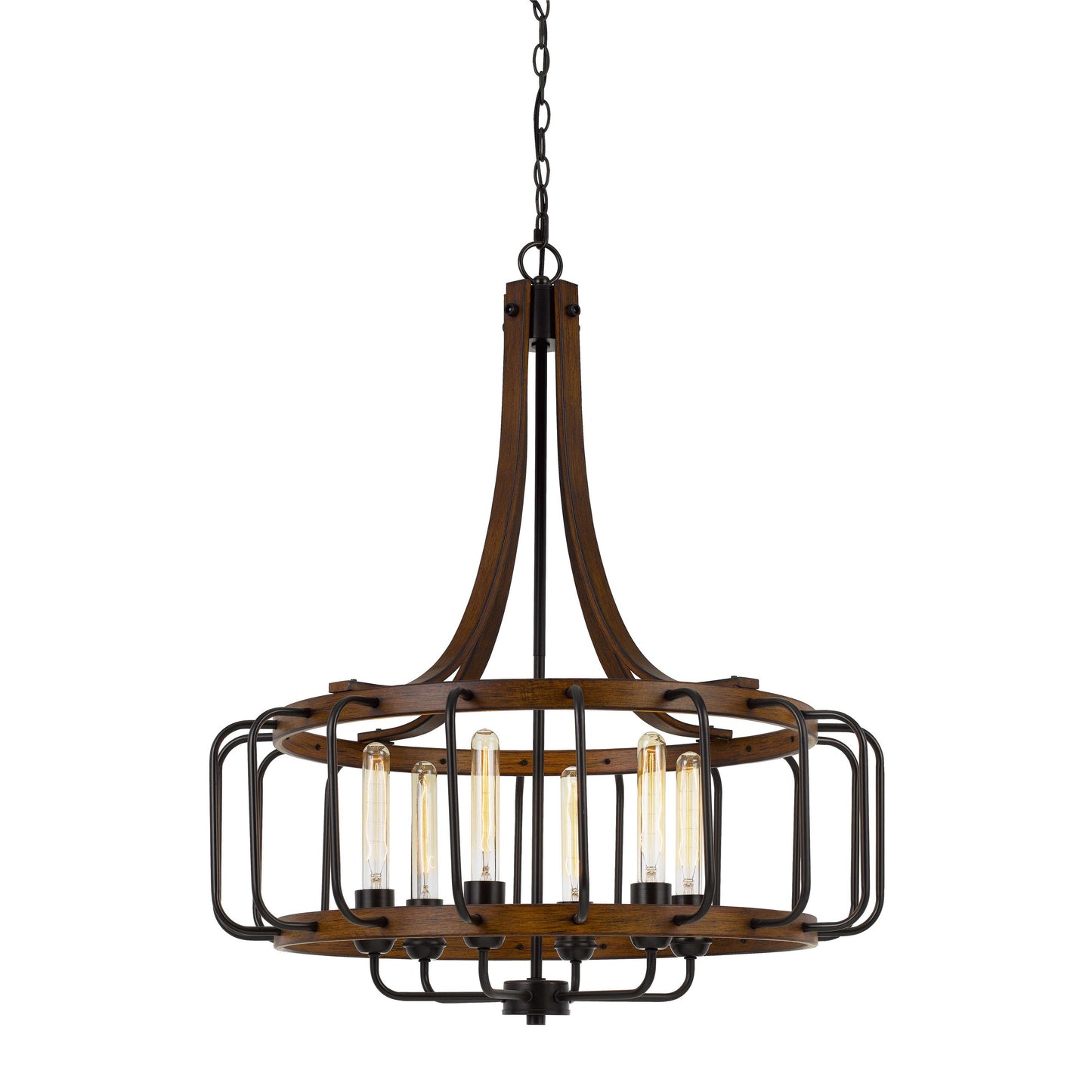 6 Bulb Round Chandelier With Wooden Frame And Metal Bars Brown And Black