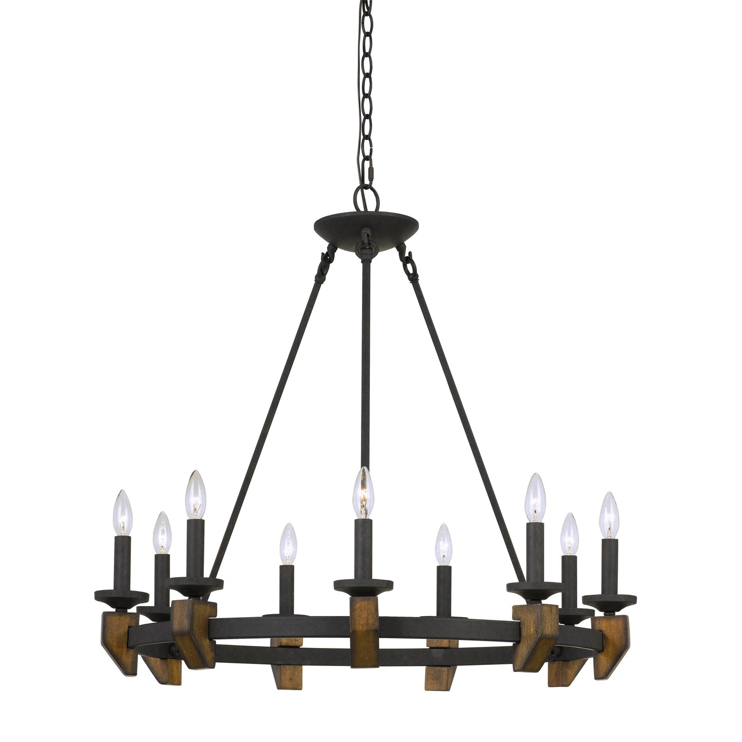 9 Bulb Round Metal Chandelier With Candle Lights And Wooden Accents Black
