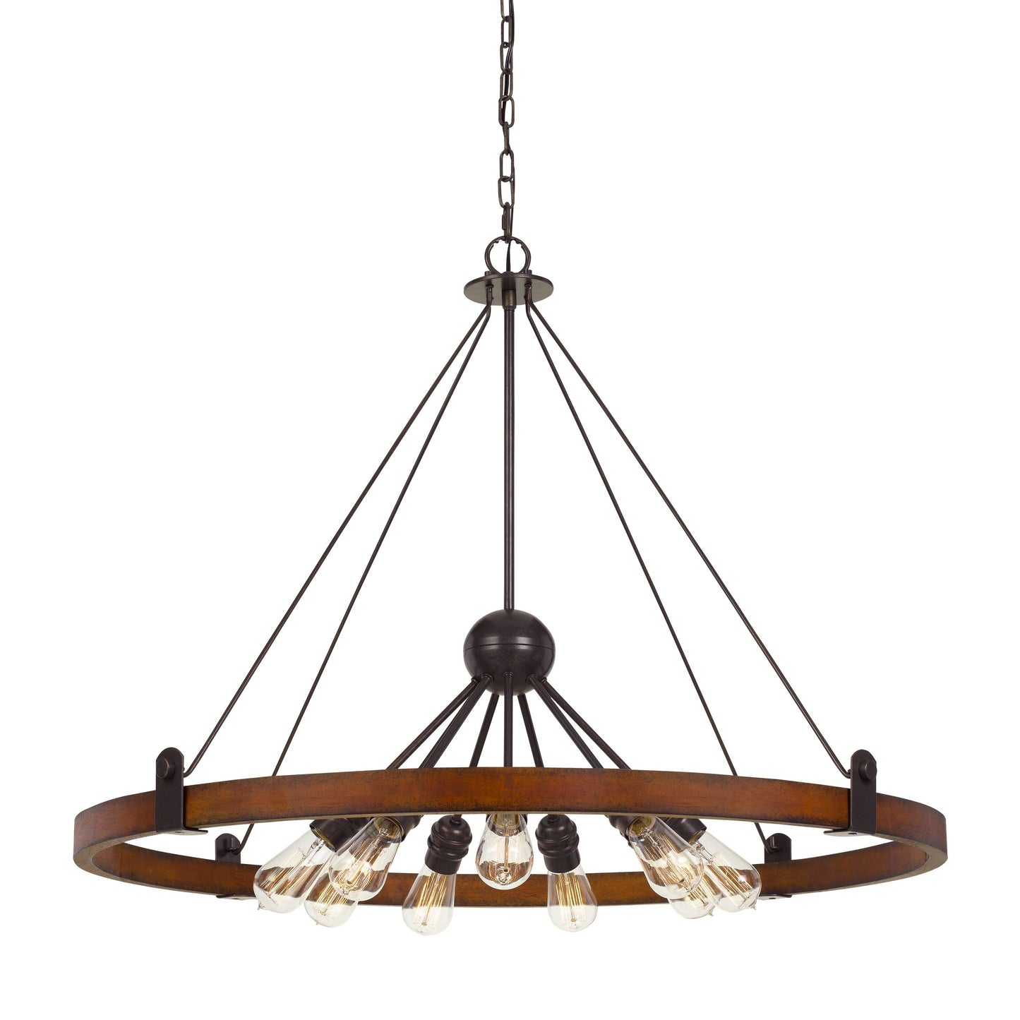 9 Bulb Chandelier With Round Wooden Frame And Metal Cantilevers Brown