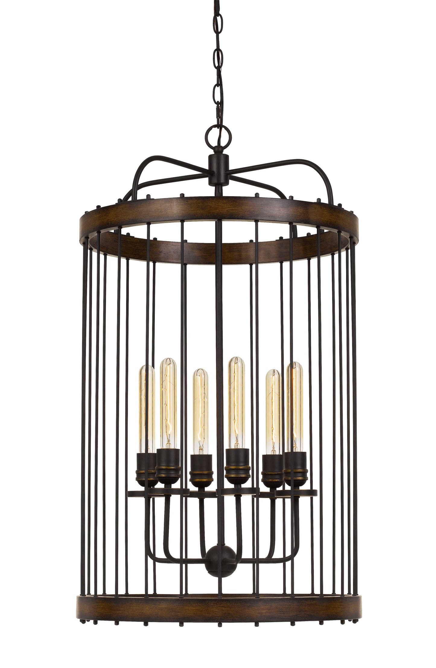 Round Metal And Wooden Frame Chandelier With Cage Design Brown And Black