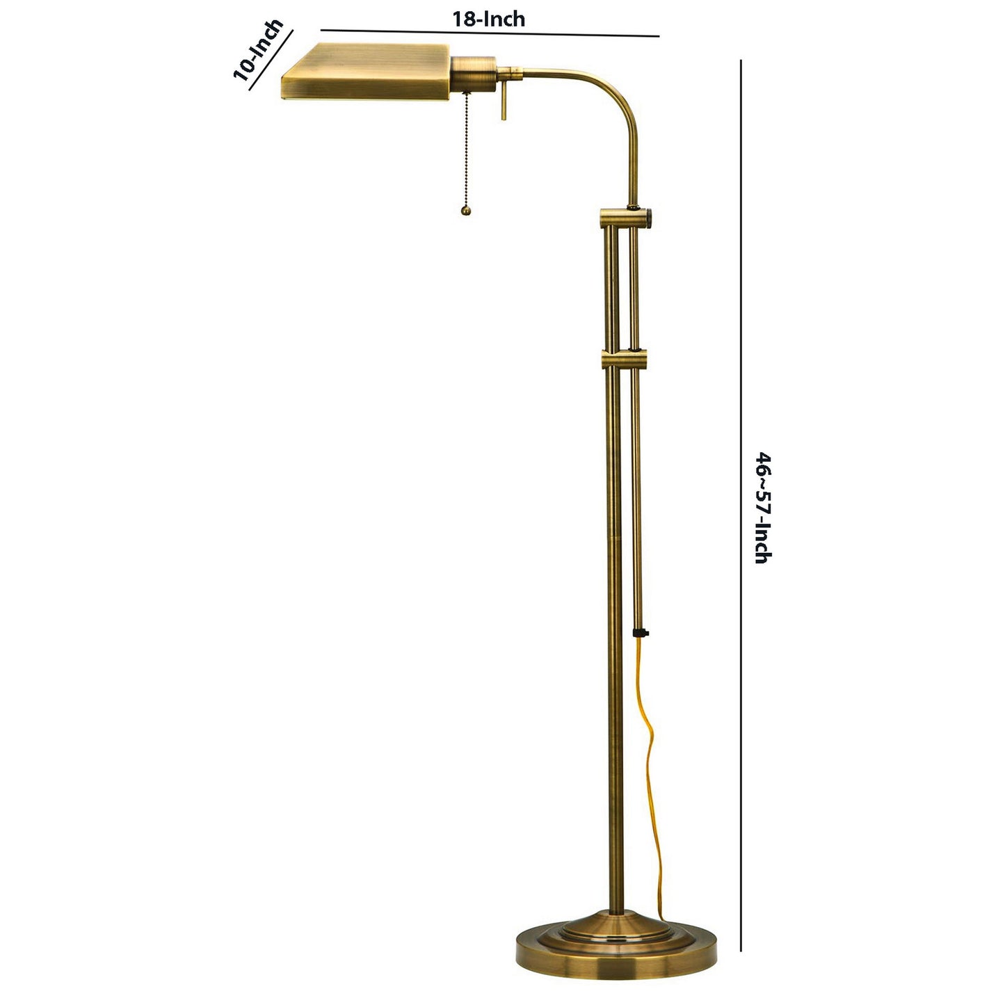Metal Rectangular Floor Lamp With Adjustable Pole Gold