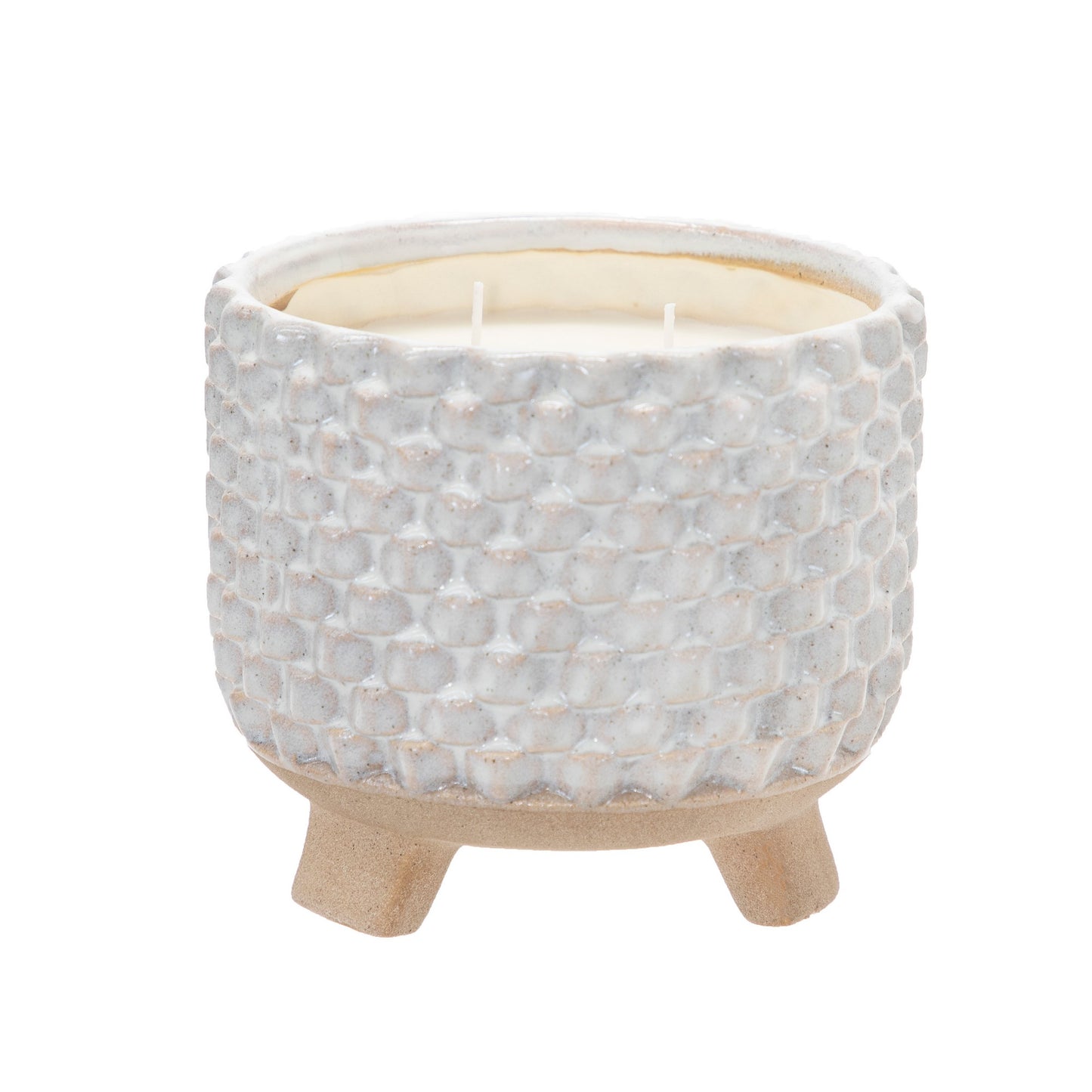 8 Inch Textured Ceramic Scented Pot Candle With Legs White And Beige